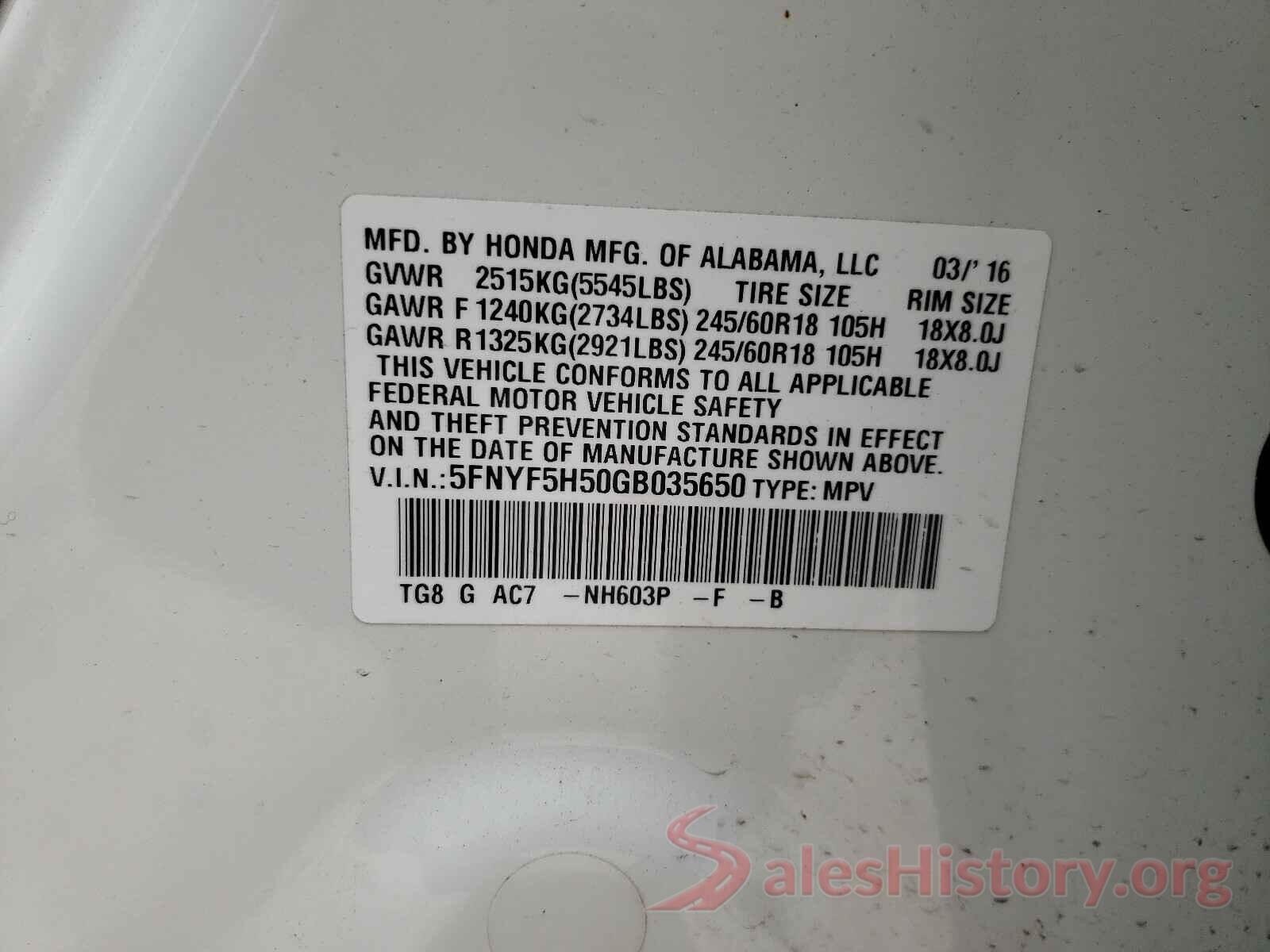 5FNYF5H50GB035650 2016 HONDA PILOT