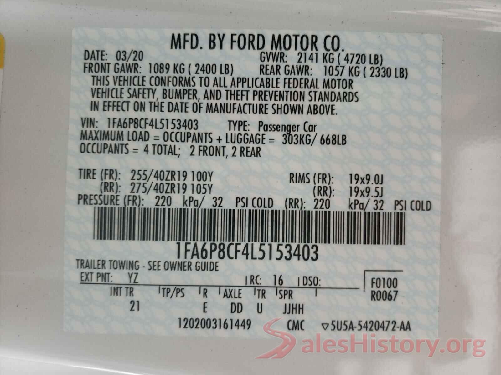 1FA6P8CF4L5153403 2020 FORD MUSTANG