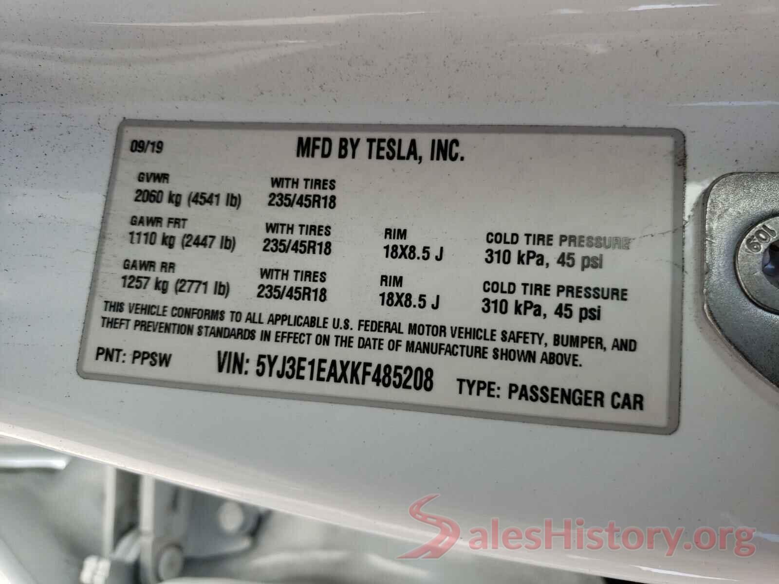 5YJ3E1EAXKF485208 2019 TESLA MODEL 3