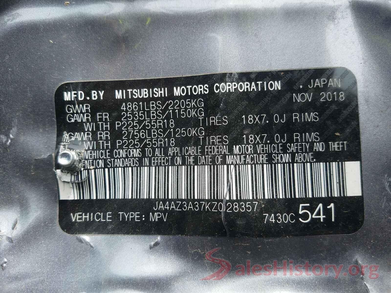 JA4AZ3A37KZ028357 2019 MITSUBISHI OUTLANDER