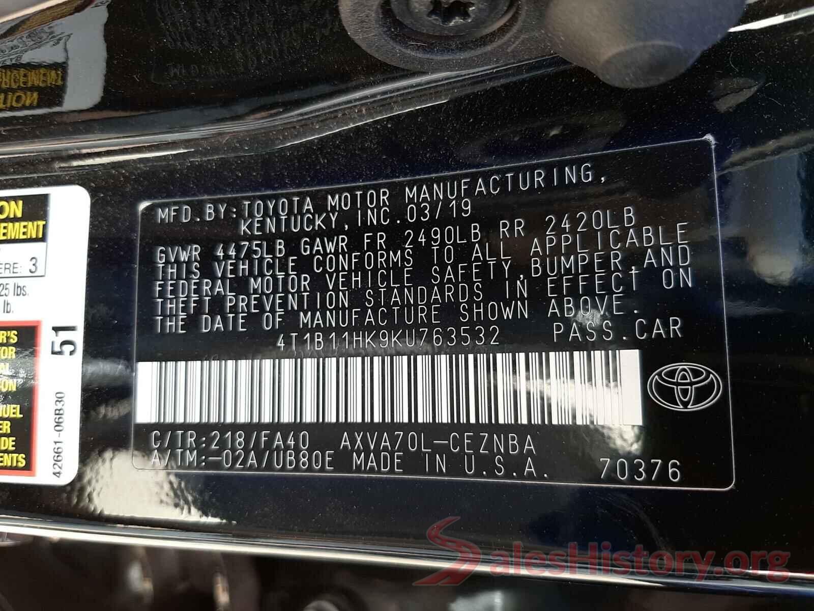 4T1B11HK9KU763532 2019 TOYOTA CAMRY