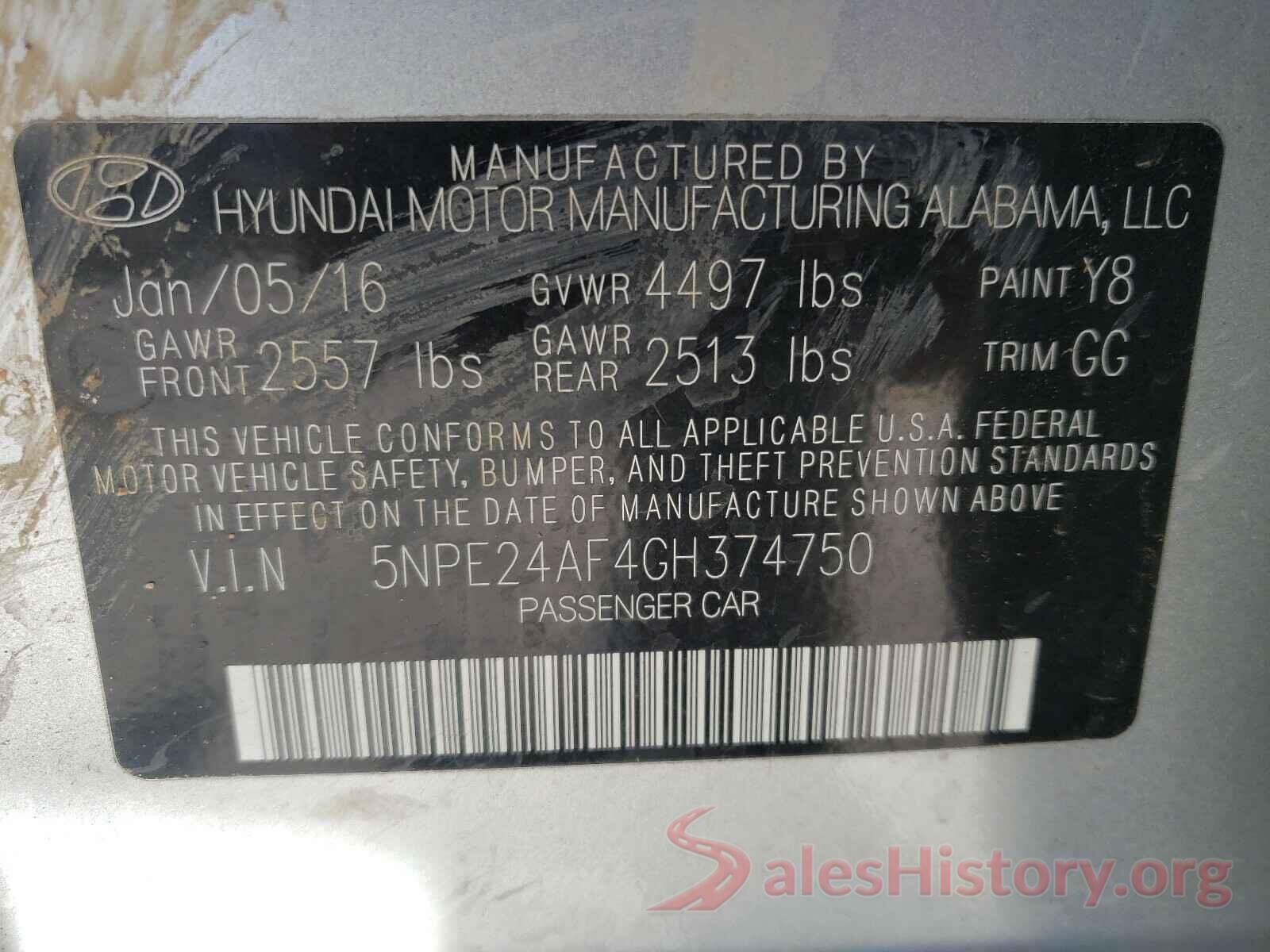 5NPE24AF4GH374750 2016 HYUNDAI SONATA