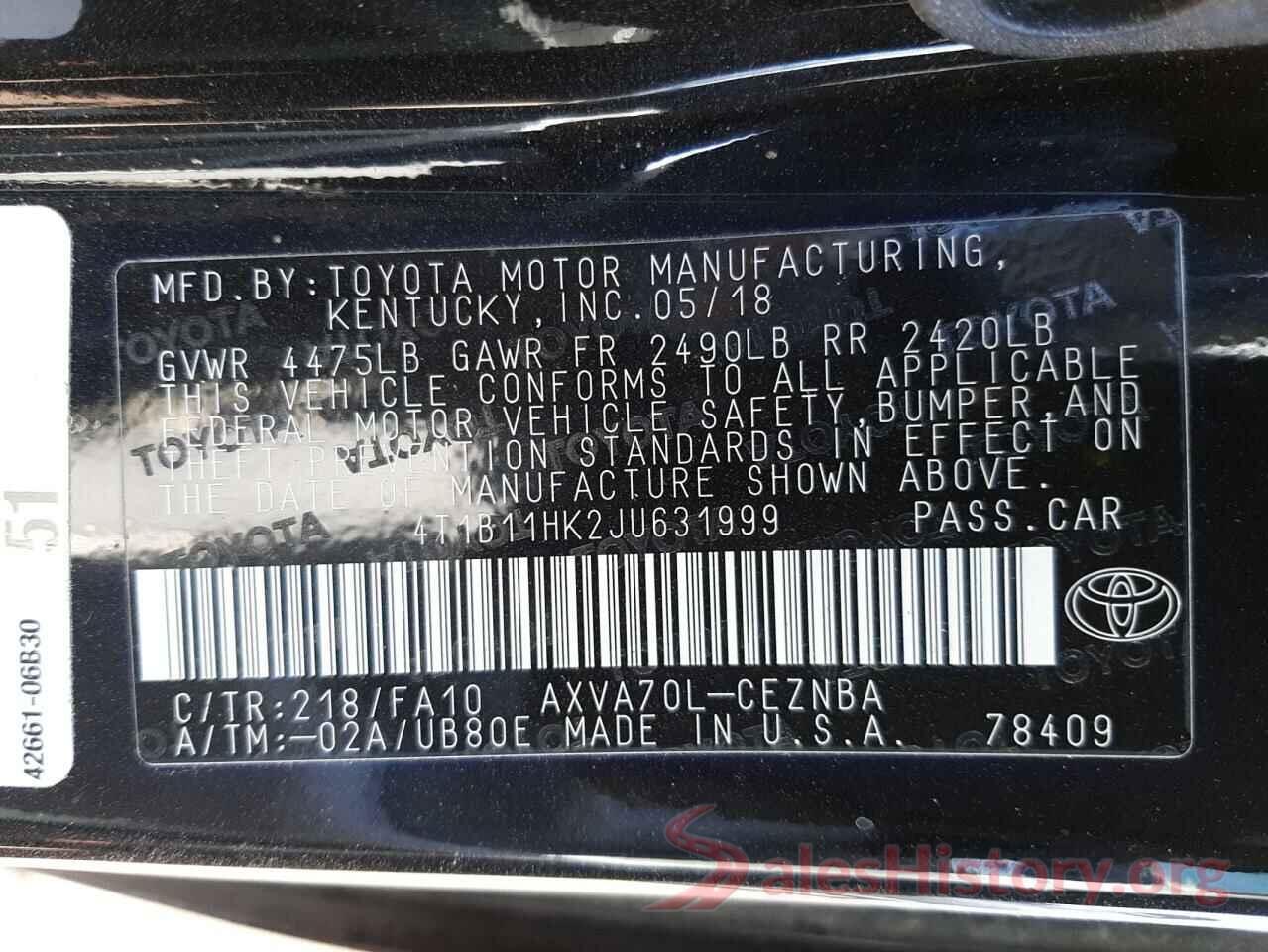 4T1B11HK2JU631999 2018 TOYOTA CAMRY