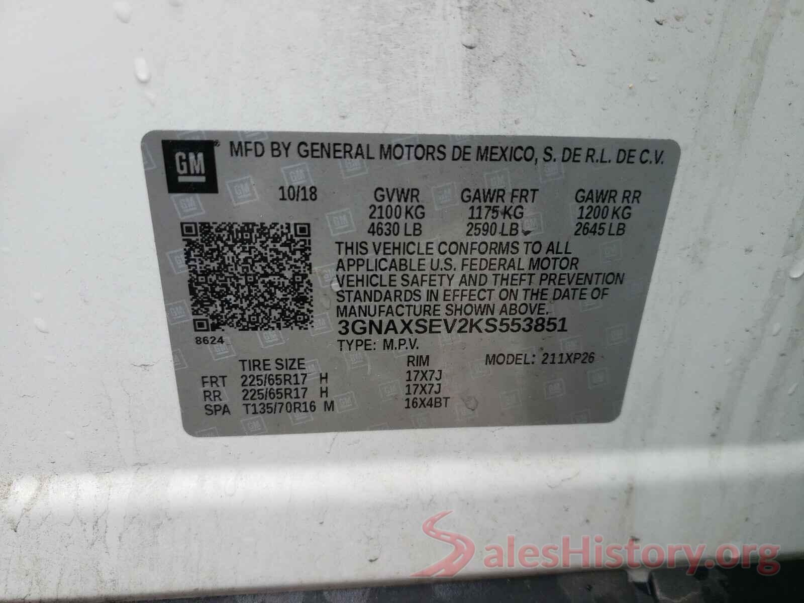 3GNAXSEV2KS553851 2019 CHEVROLET EQUINOX