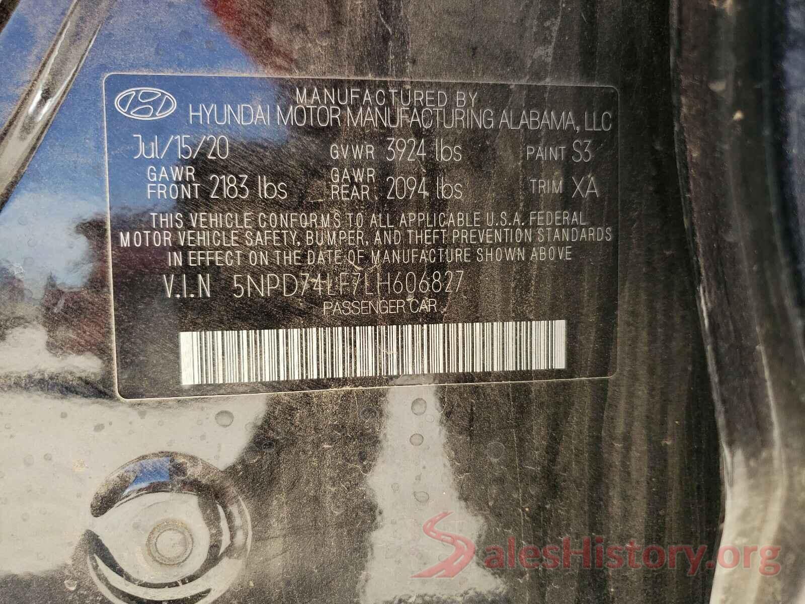 5NPD74LF7LH606827 2020 HYUNDAI ELANTRA