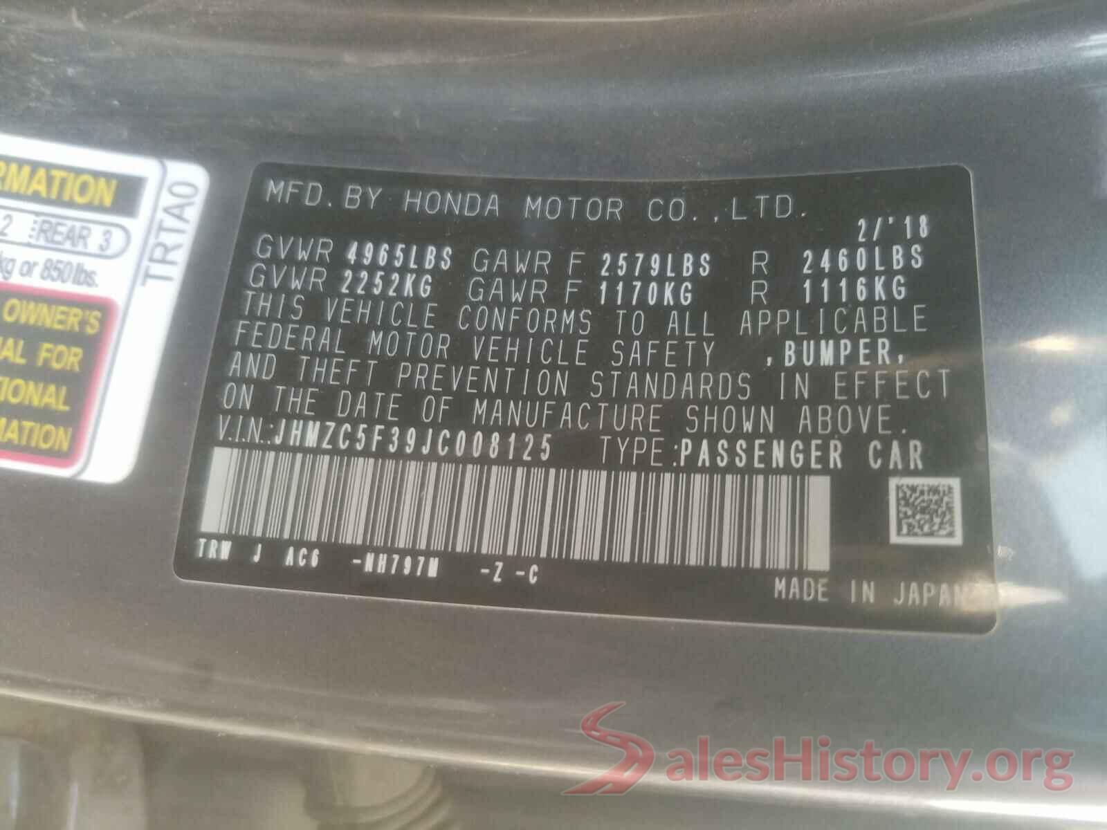 JHMZC5F39JC008125 2018 HONDA CLARITY