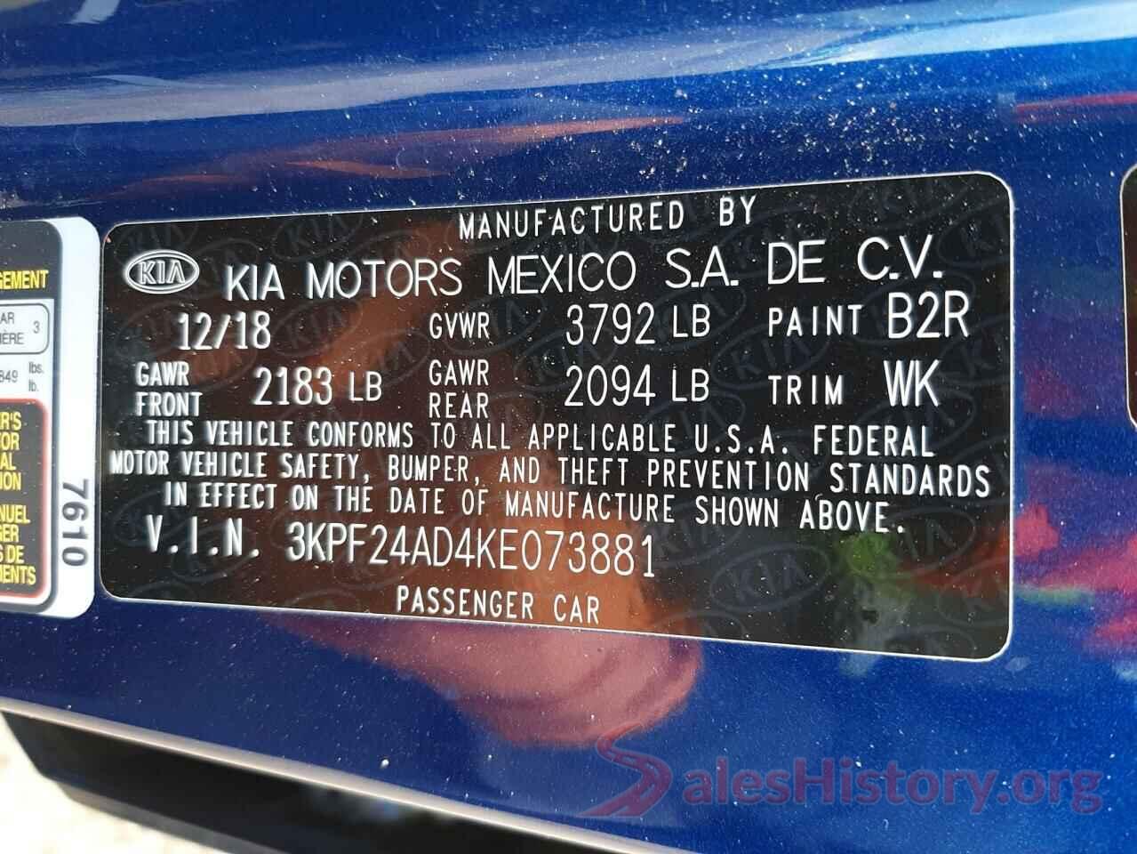 3KPF24AD4KE073881 2019 KIA FORTE