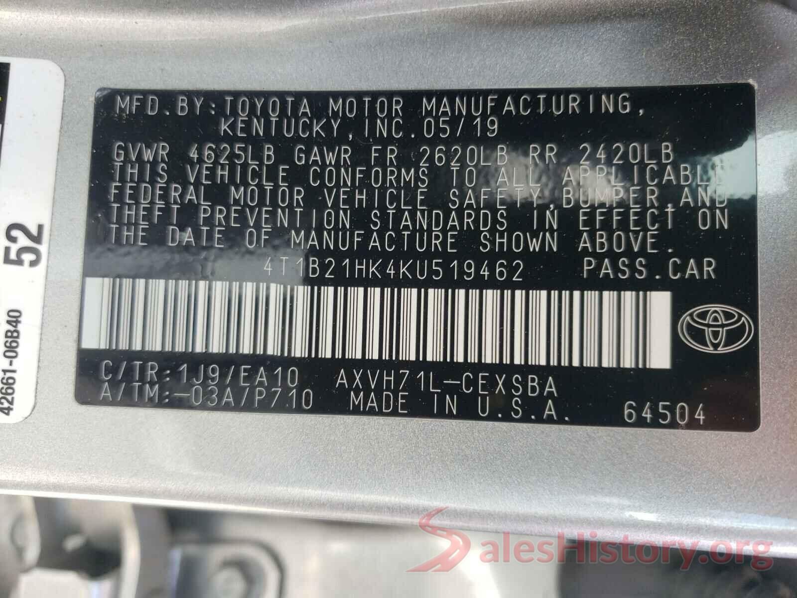 4T1B21HK4KU519462 2019 TOYOTA CAMRY