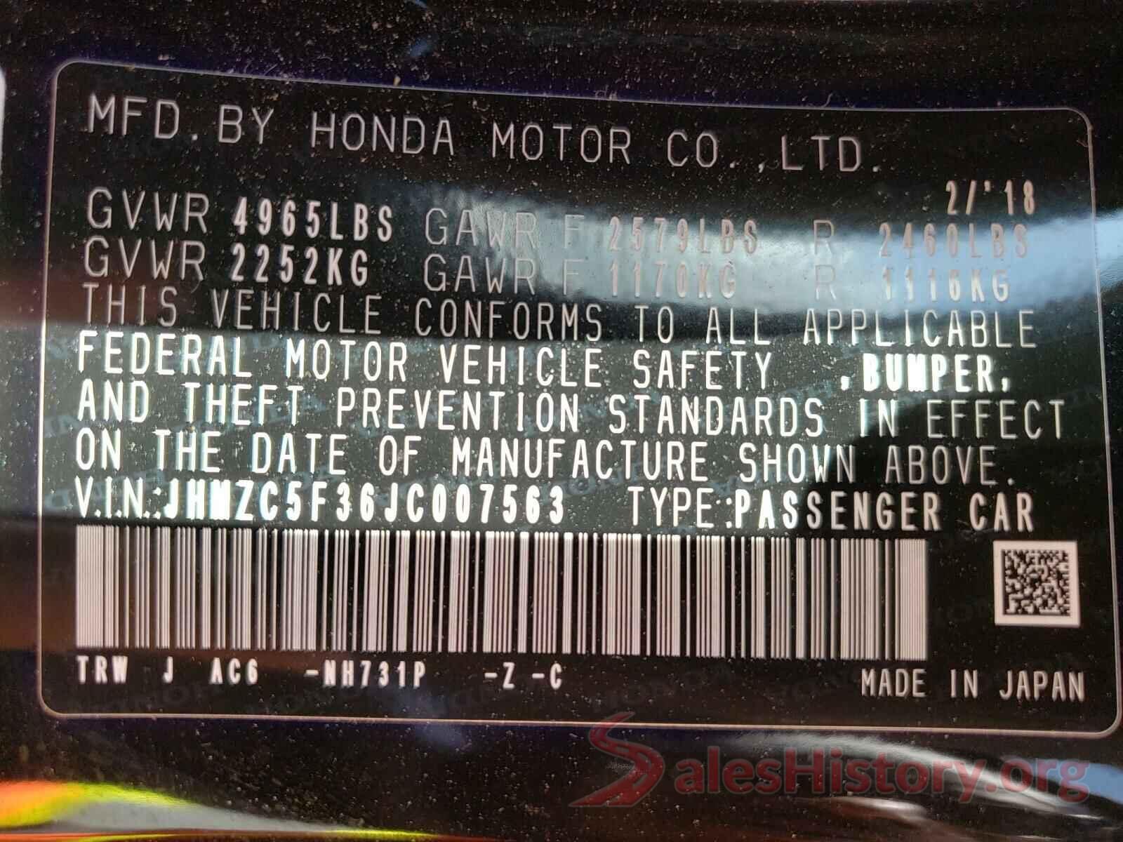 JHMZC5F36JC007563 2018 HONDA CLARITY