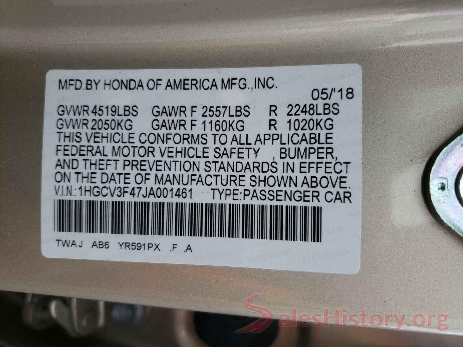 1HGCV3F47JA001461 2018 HONDA ACCORD