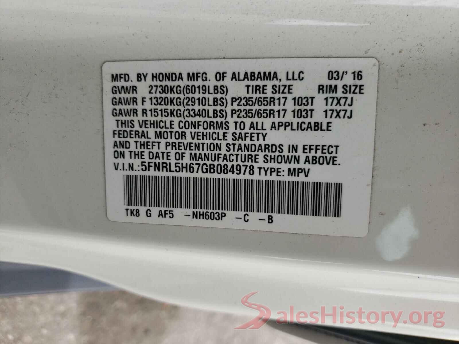 5FNRL5H67GB084978 2016 HONDA ODYSSEY