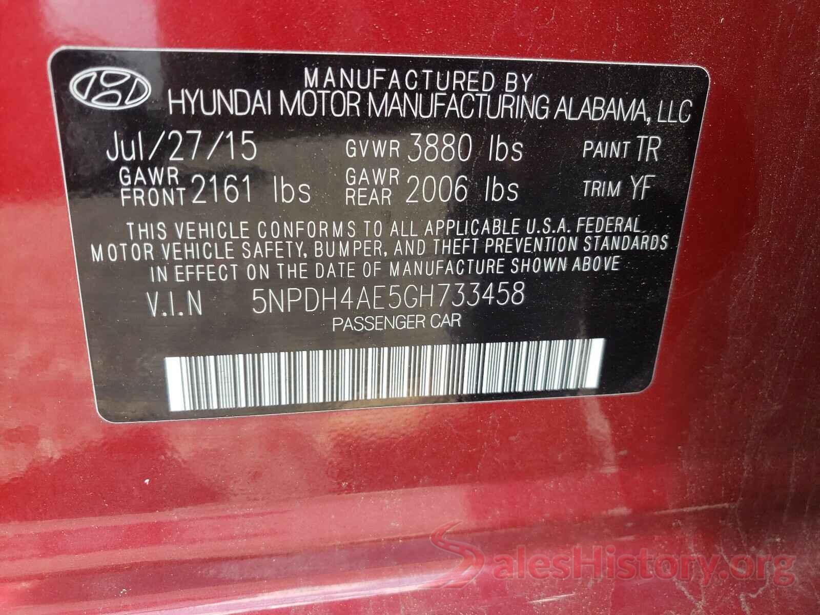 5NPDH4AE5GH733458 2016 HYUNDAI ELANTRA