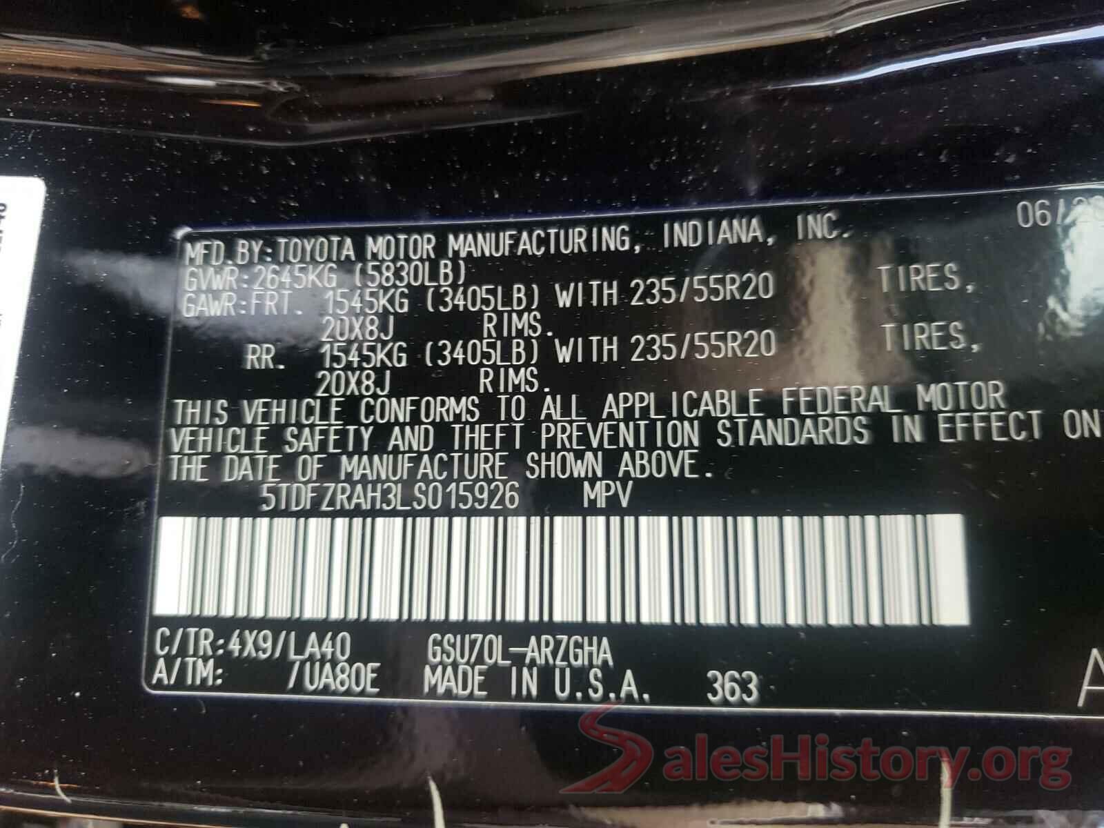 5TDFZRAH3LS015926 2020 TOYOTA HIGHLANDER