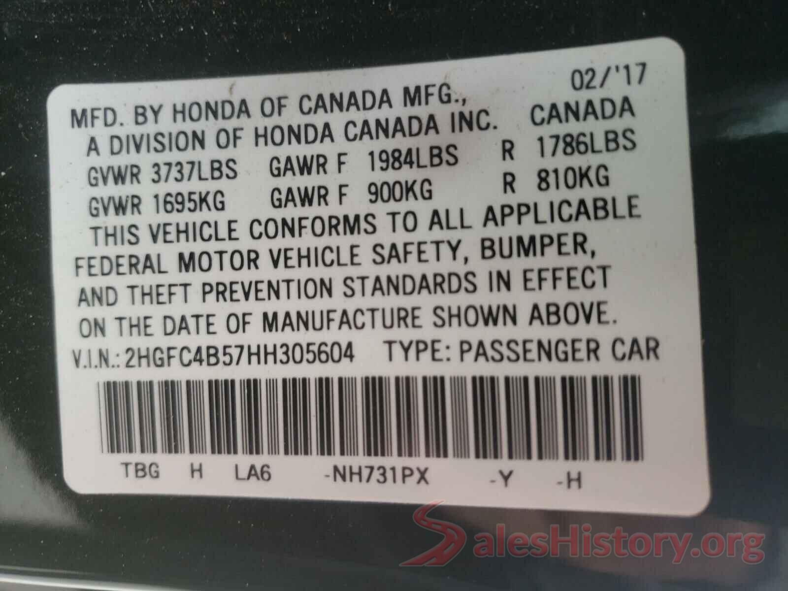 2HGFC4B57HH305604 2017 HONDA CIVIC