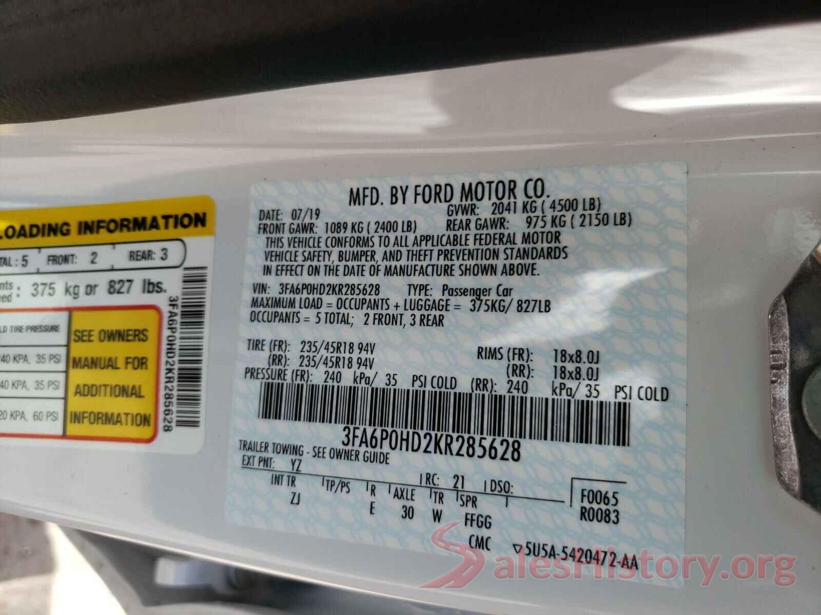 3FA6P0HD2KR285628 2019 FORD FUSION