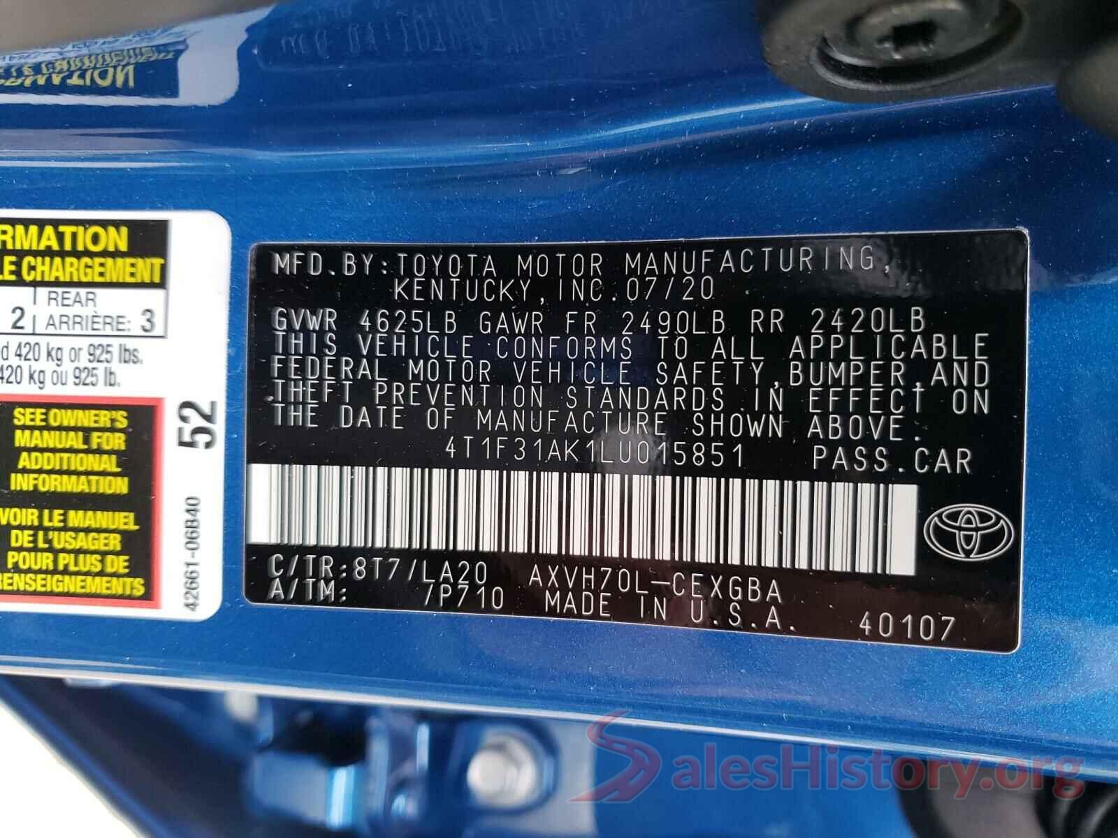 4T1F31AK1LU015851 2020 TOYOTA CAMRY