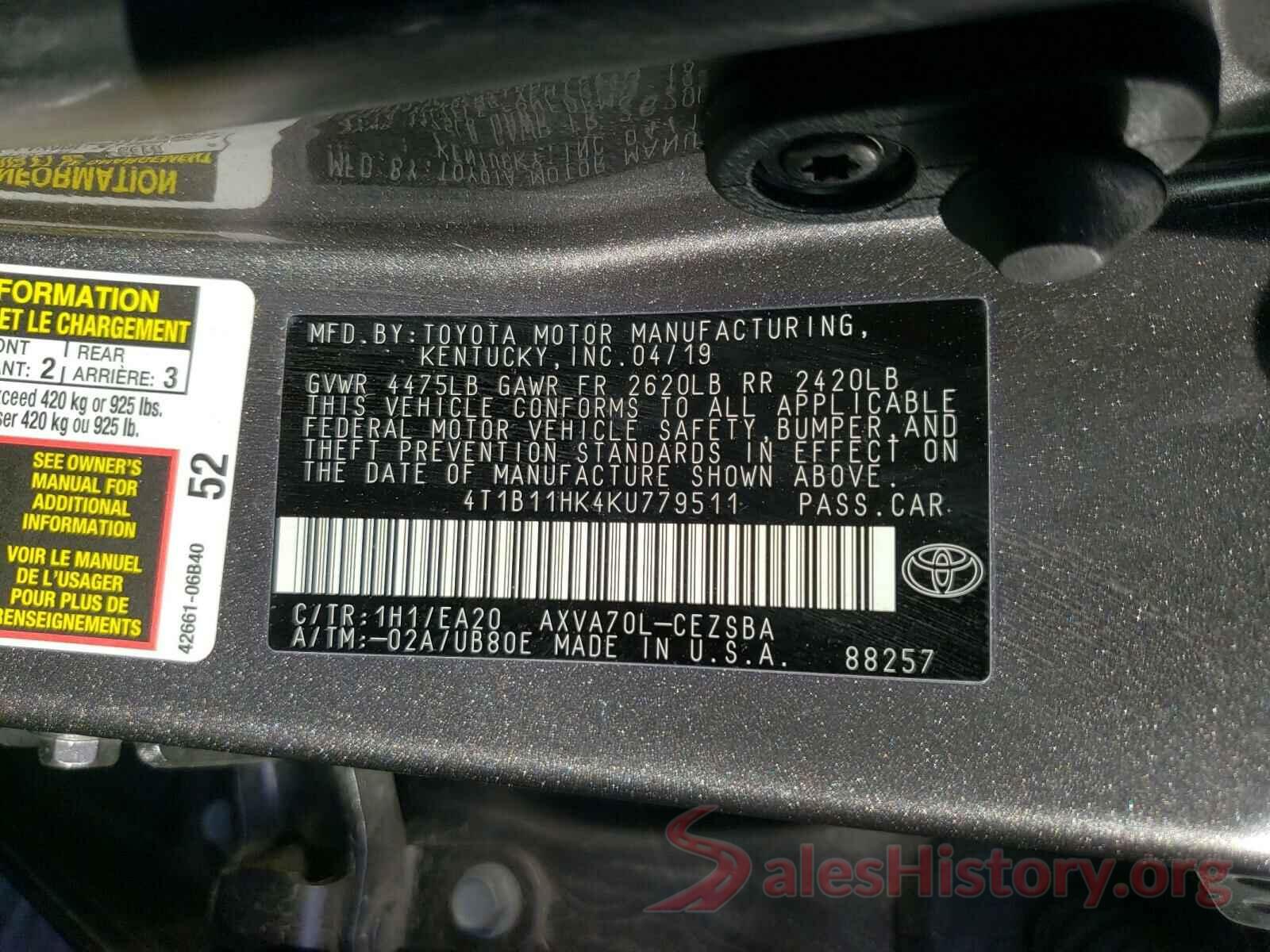 4T1B11HK4KU779511 2019 TOYOTA CAMRY