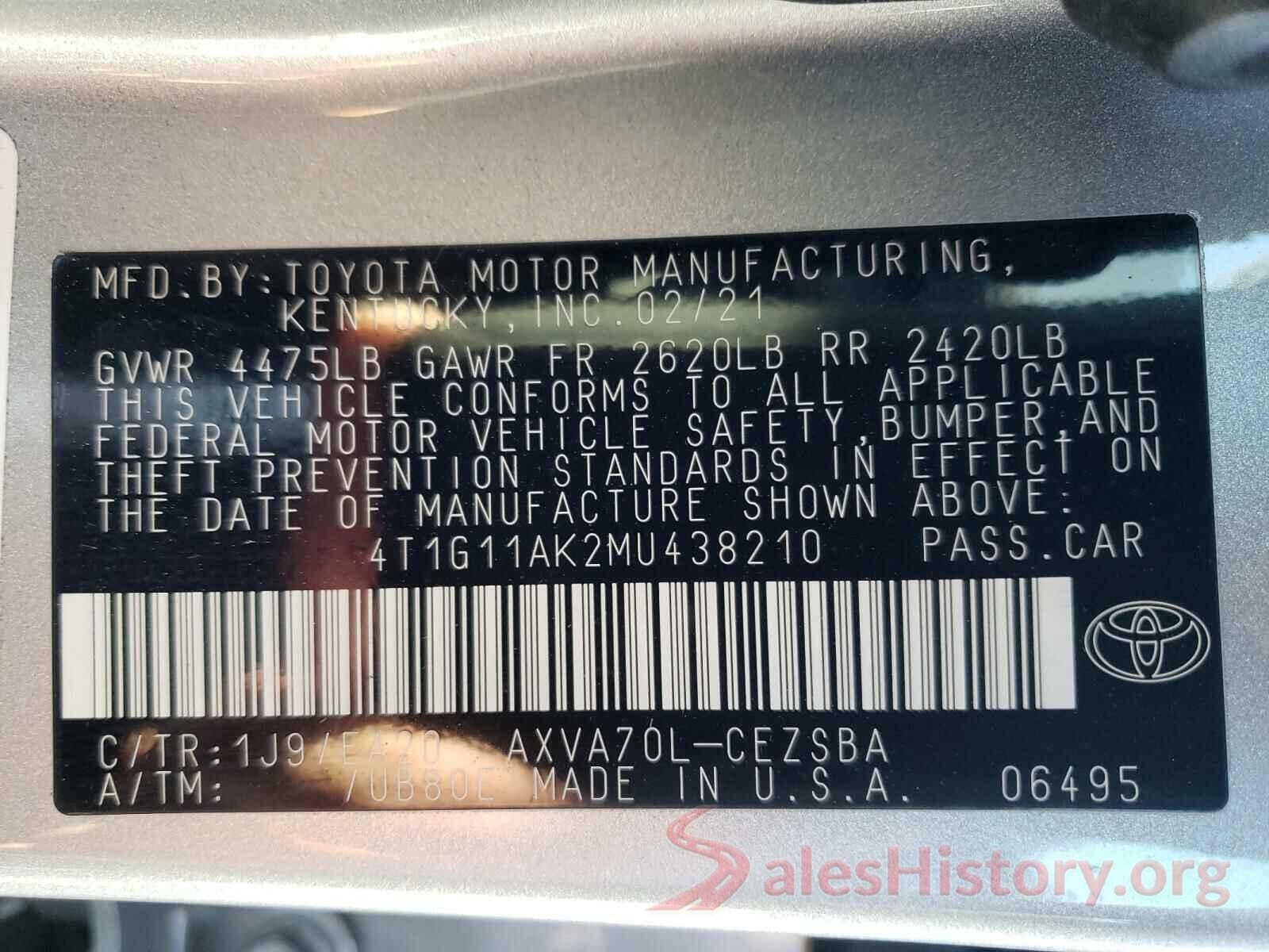 4T1G11AK2MU438210 2021 TOYOTA CAMRY