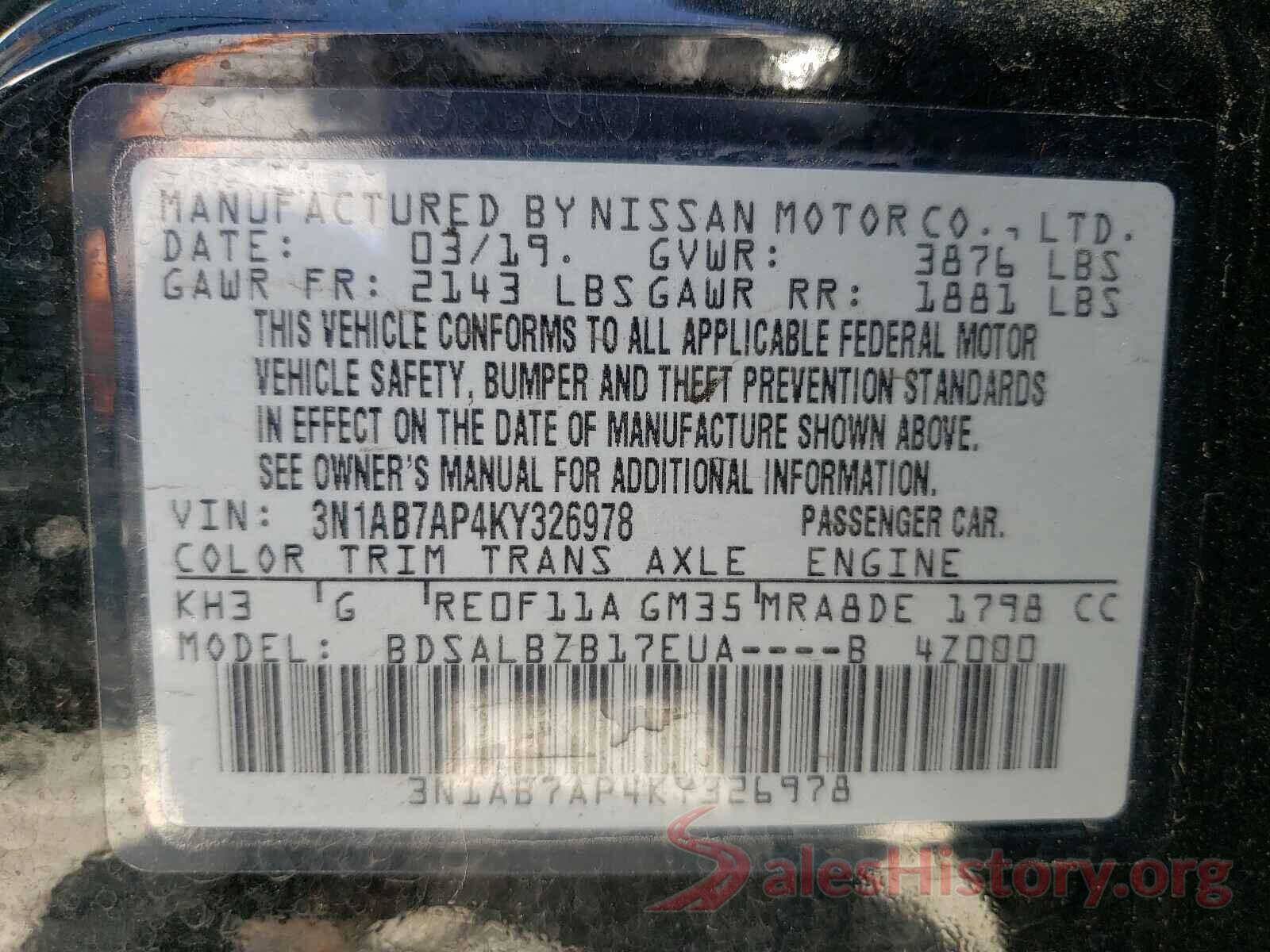 3N1AB7AP4KY326978 2019 NISSAN SENTRA