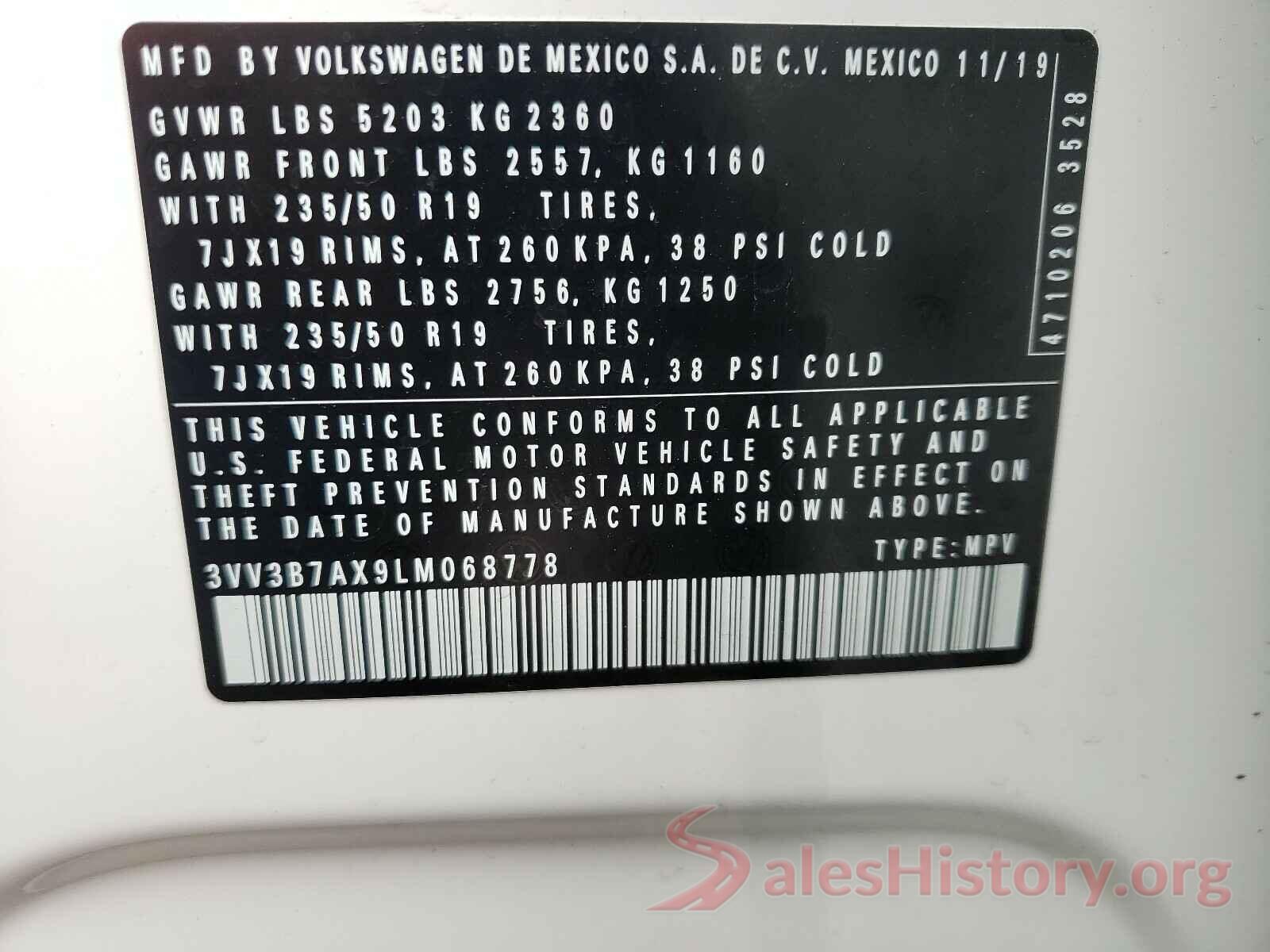 3VV3B7AX9LM068778 2020 VOLKSWAGEN TIGUAN