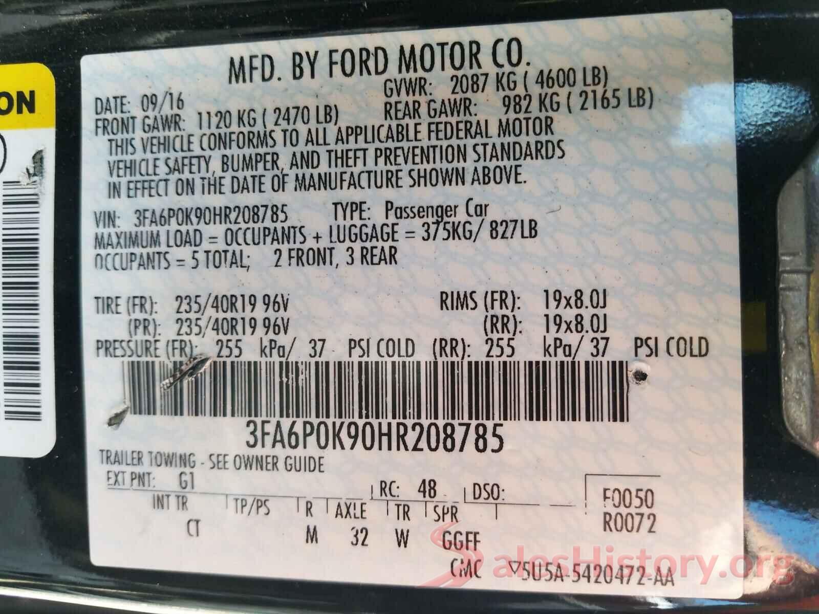 3FA6P0K90HR208785 2017 FORD FUSION