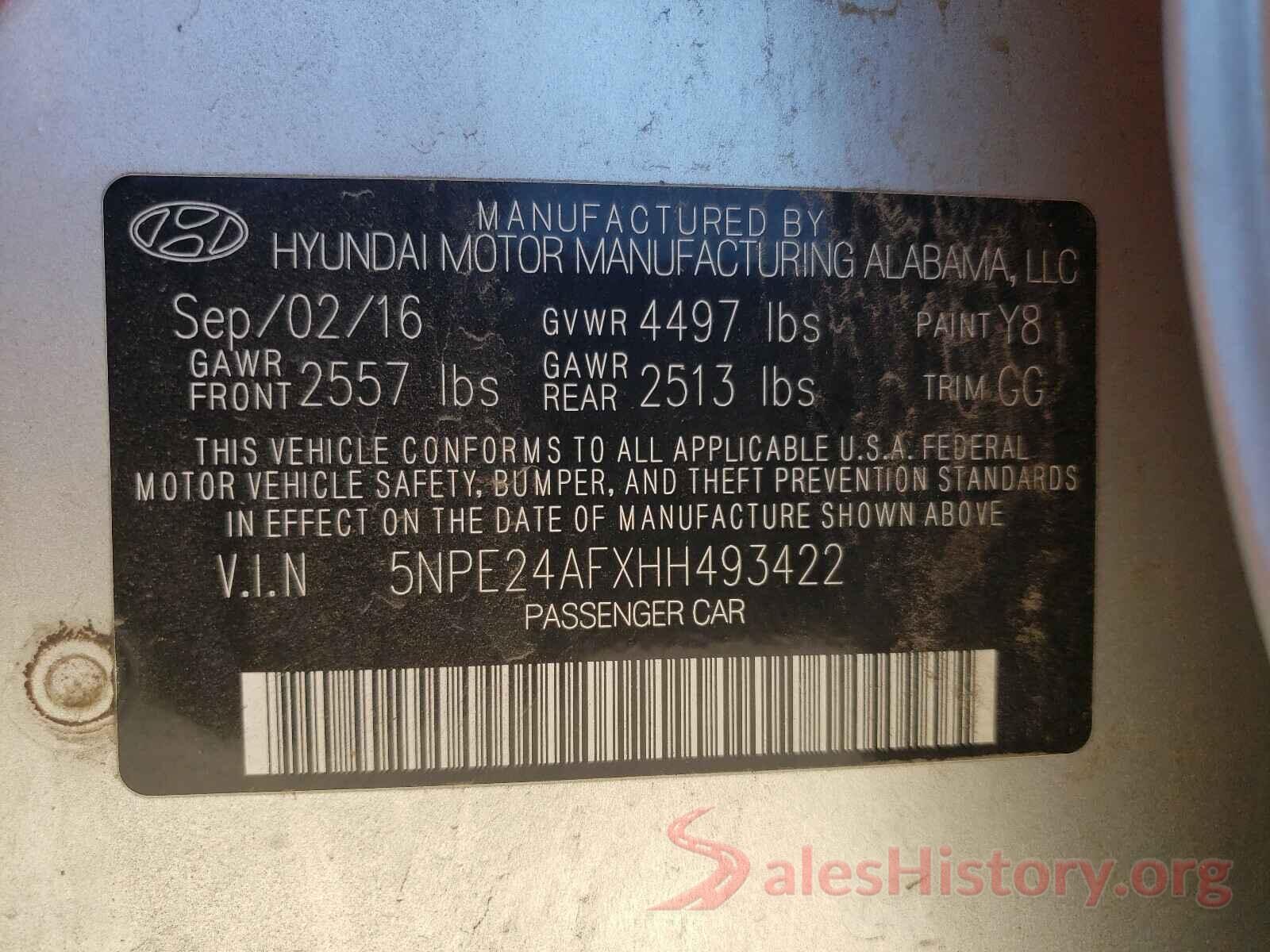 5NPE24AFXHH493422 2017 HYUNDAI SONATA