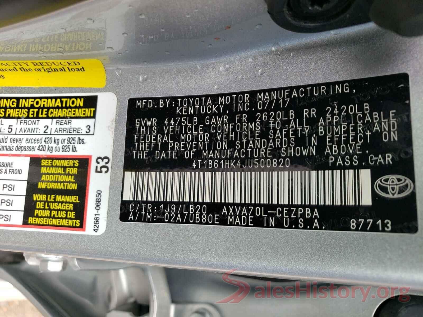 4T1B61HK4JU500820 2018 TOYOTA CAMRY