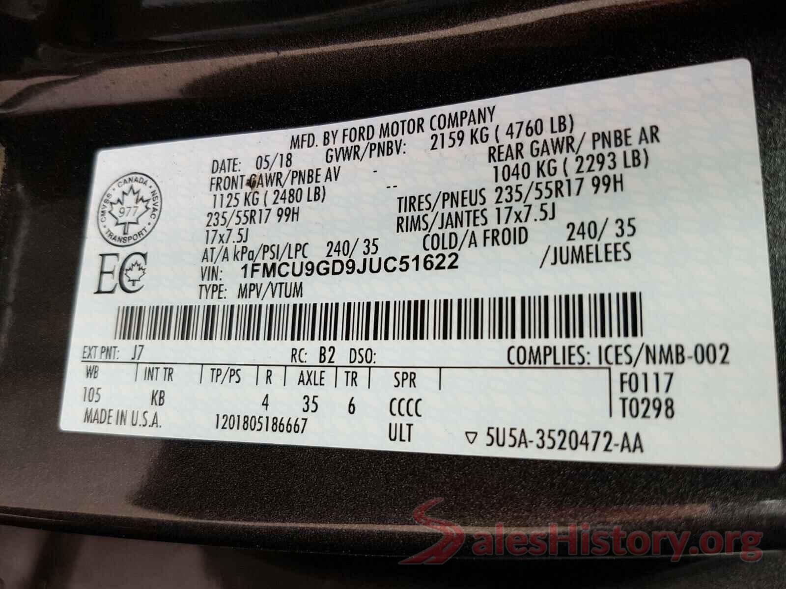 1FMCU9GD9JUC51622 2018 FORD ESCAPE