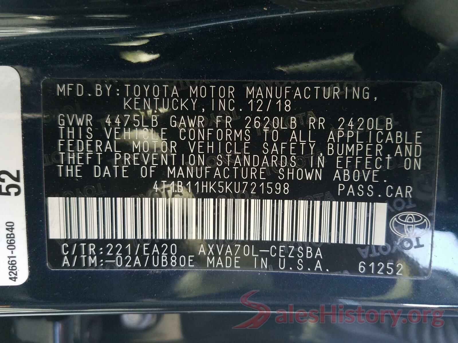 4T1B11HK5KU721598 2019 TOYOTA CAMRY