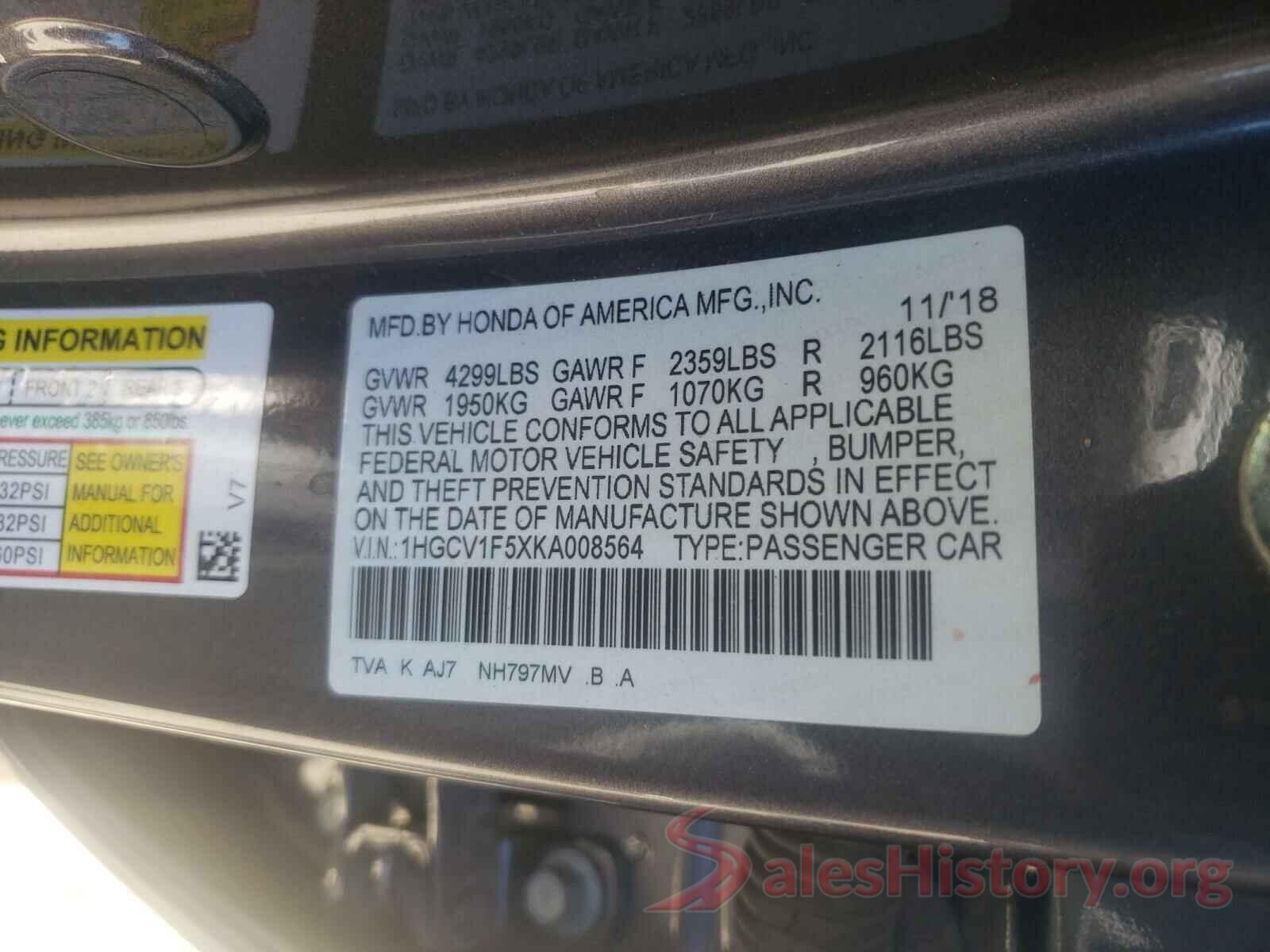 1HGCV1F5XKA008564 2019 HONDA ACCORD