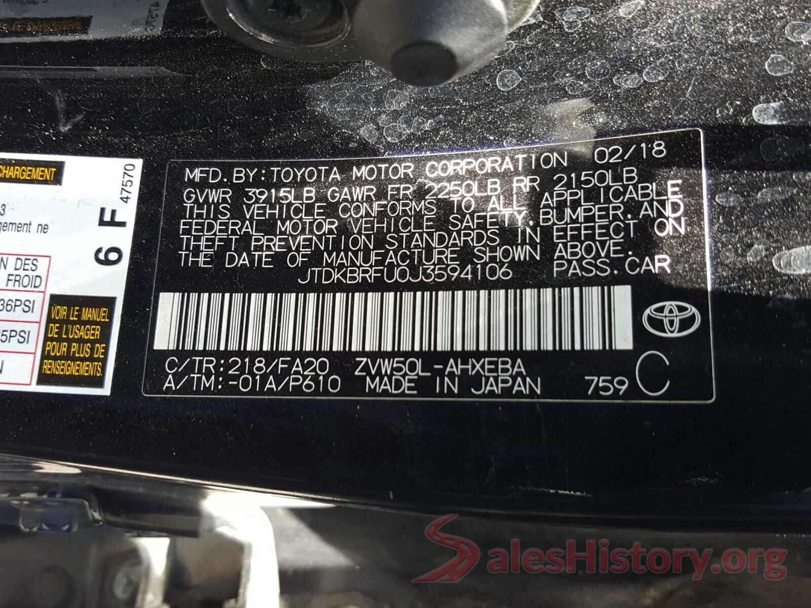 JTDKBRFU0J3594106 2018 TOYOTA PRIUS