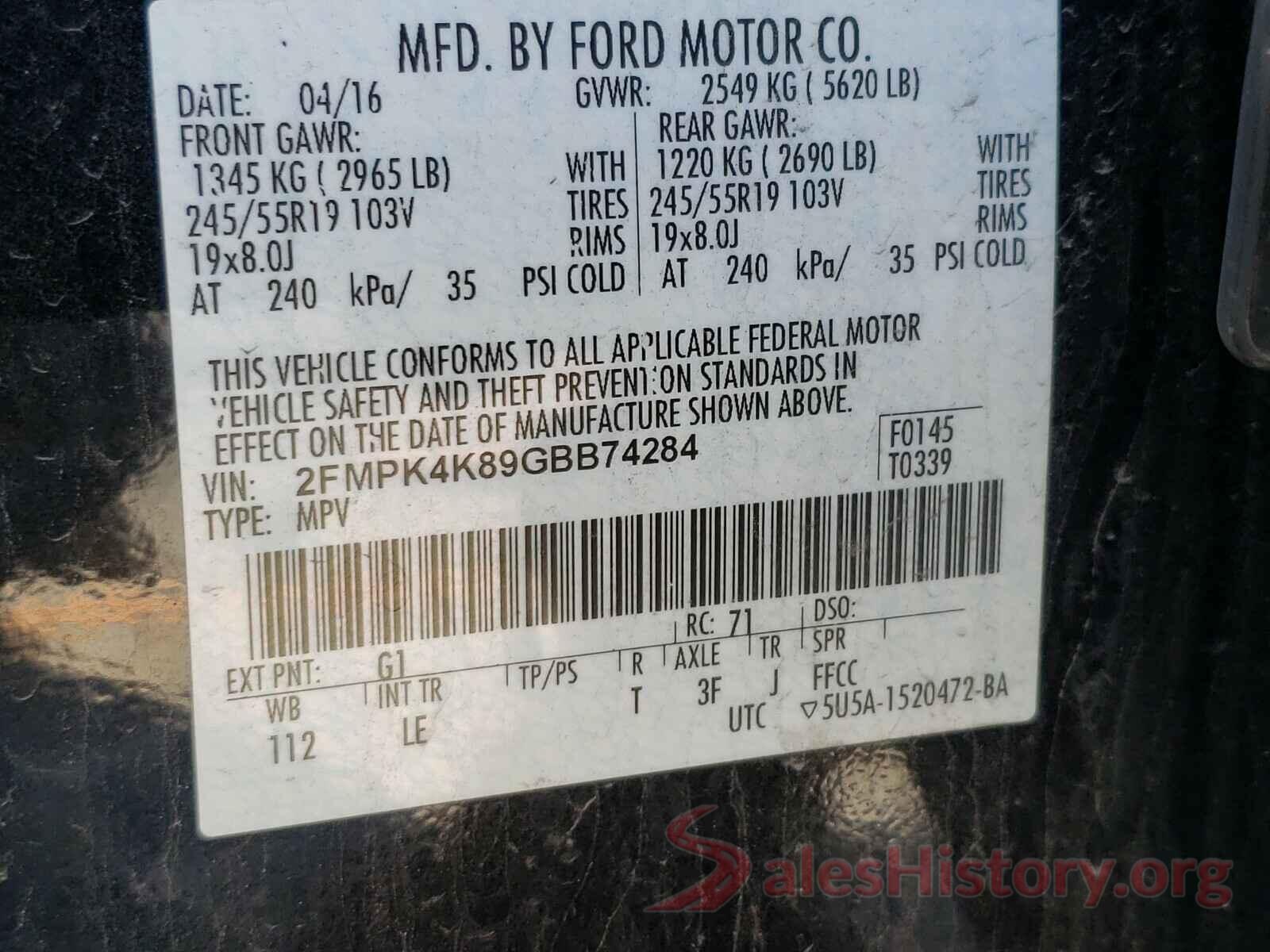 2FMPK4K89GBB74284 2016 FORD EDGE