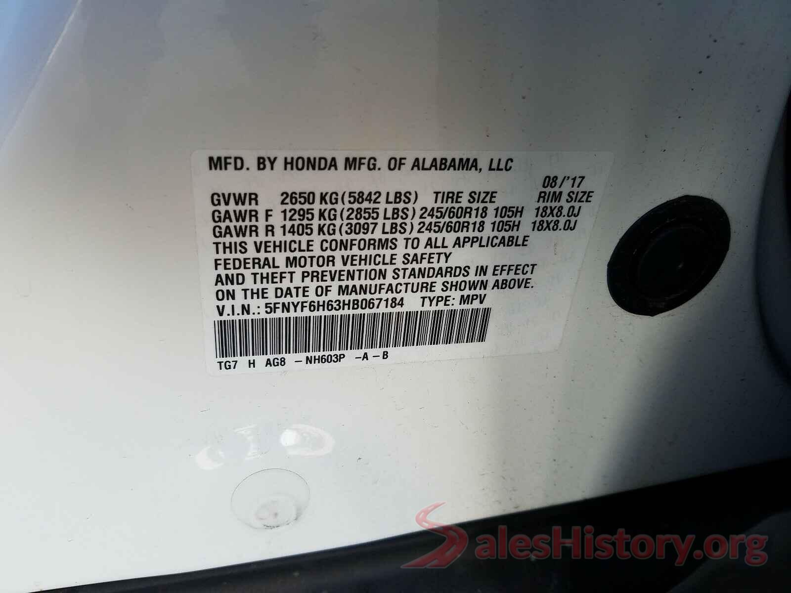 5FNYF6H63HB067184 2017 HONDA PILOT