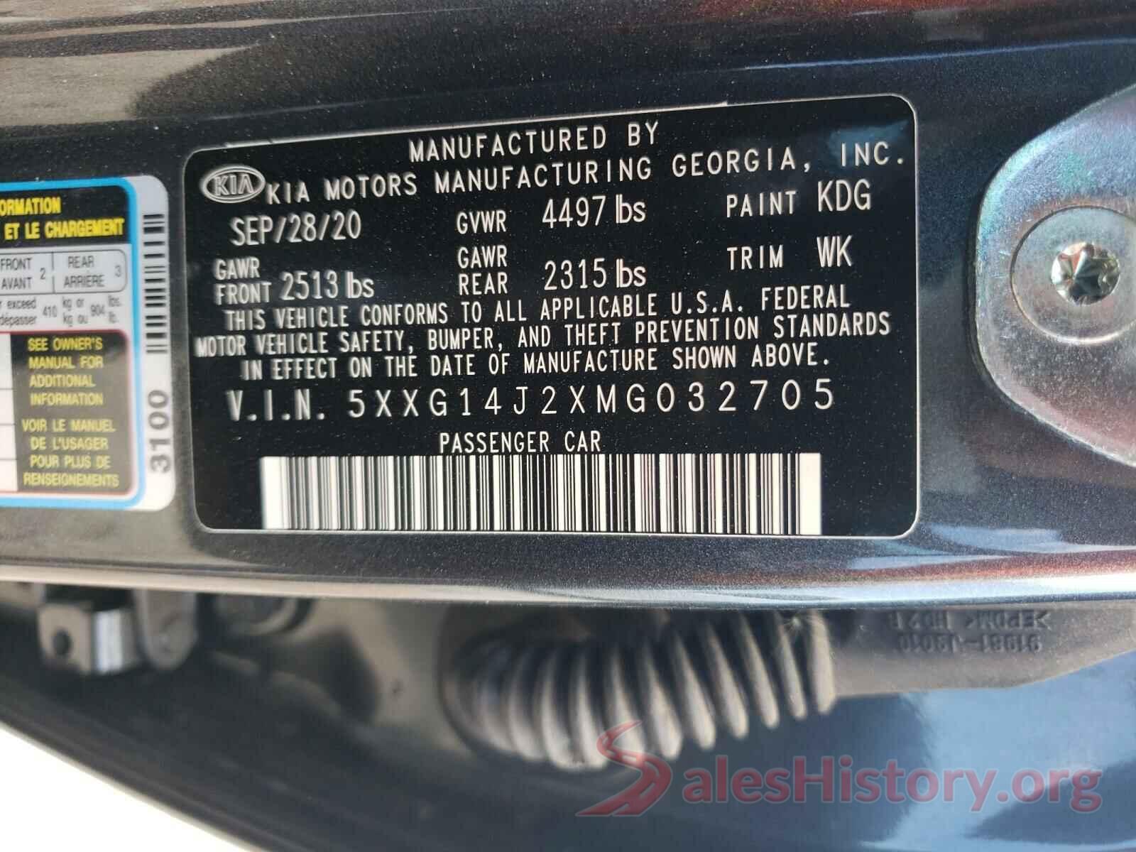 5XXG14J2XMG032705 2021 KIA K5