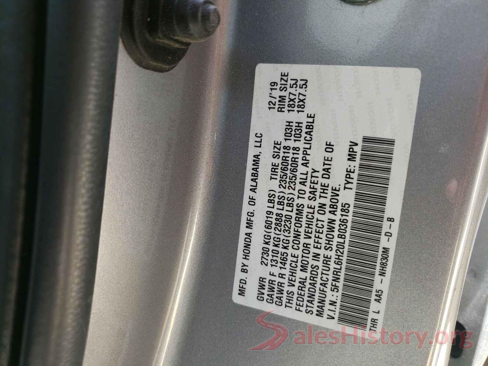 5FNRL6H20LB036185 2020 HONDA ODYSSEY