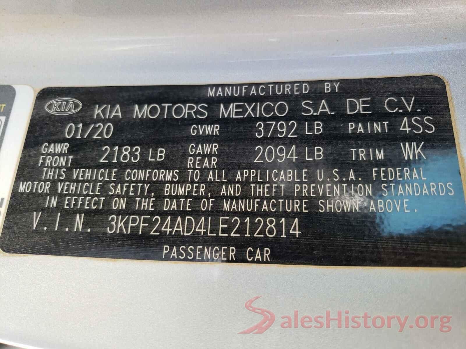 3KPF24AD4LE212814 2020 KIA FORTE