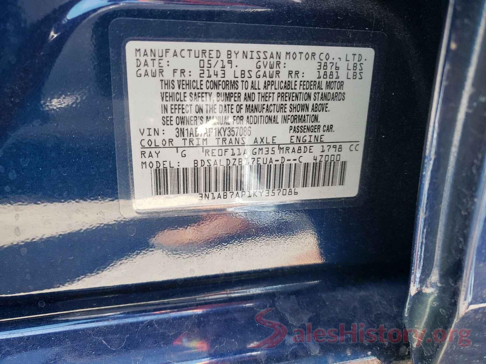 3N1AB7AP1KY357086 2019 NISSAN SENTRA