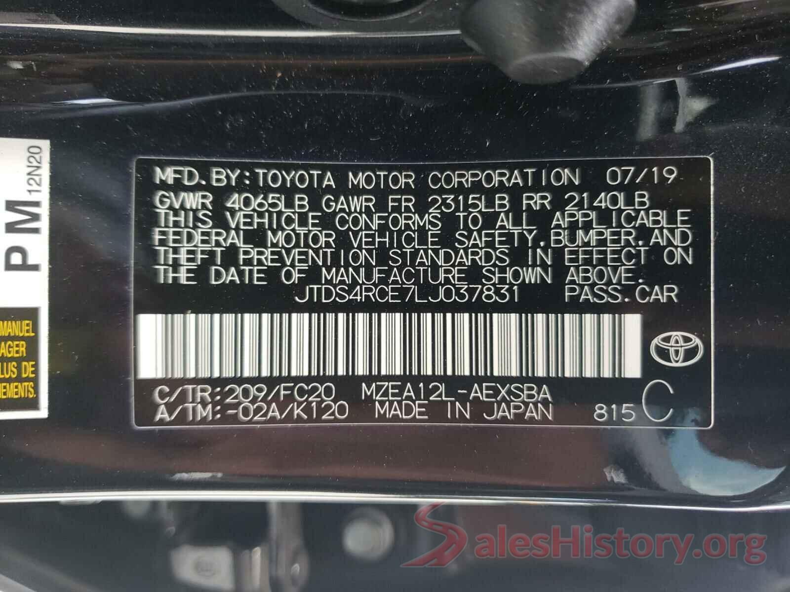 JTDS4RCE7LJ037831 2020 TOYOTA COROLLA