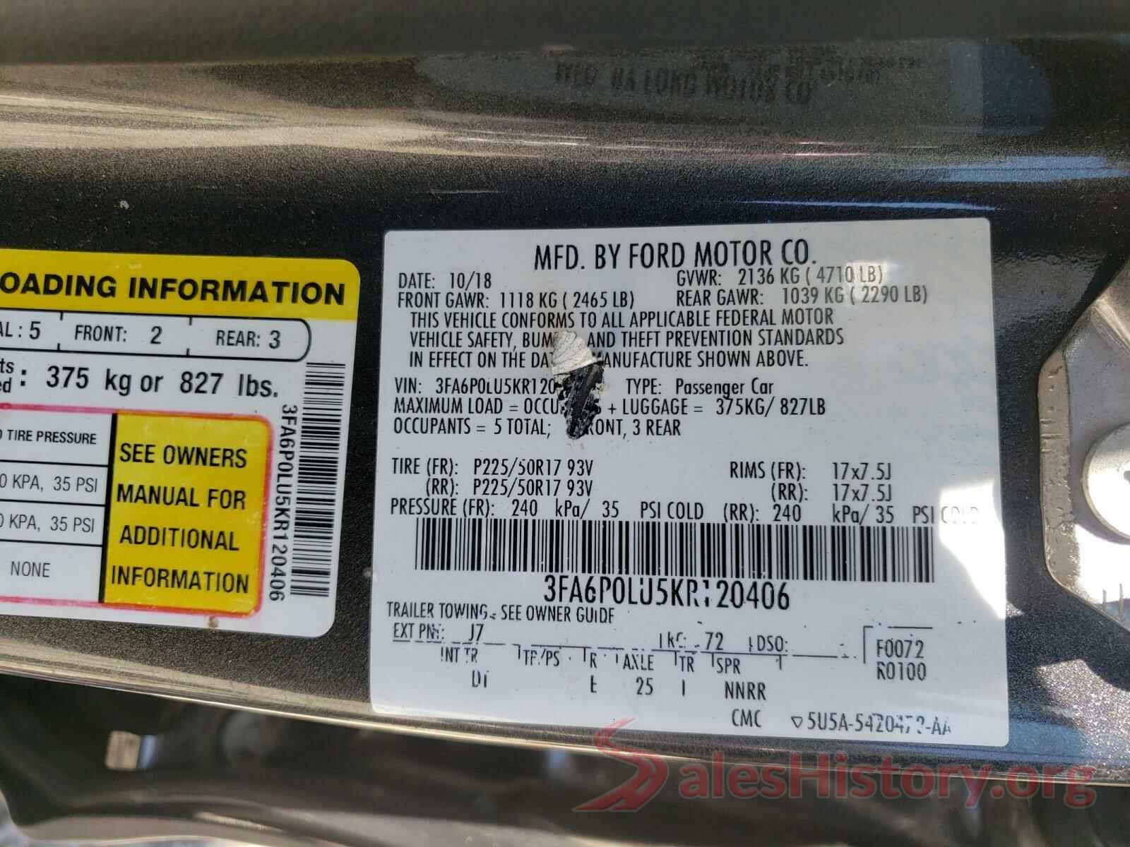 3FA6P0LU5KR120406 2019 FORD FUSION