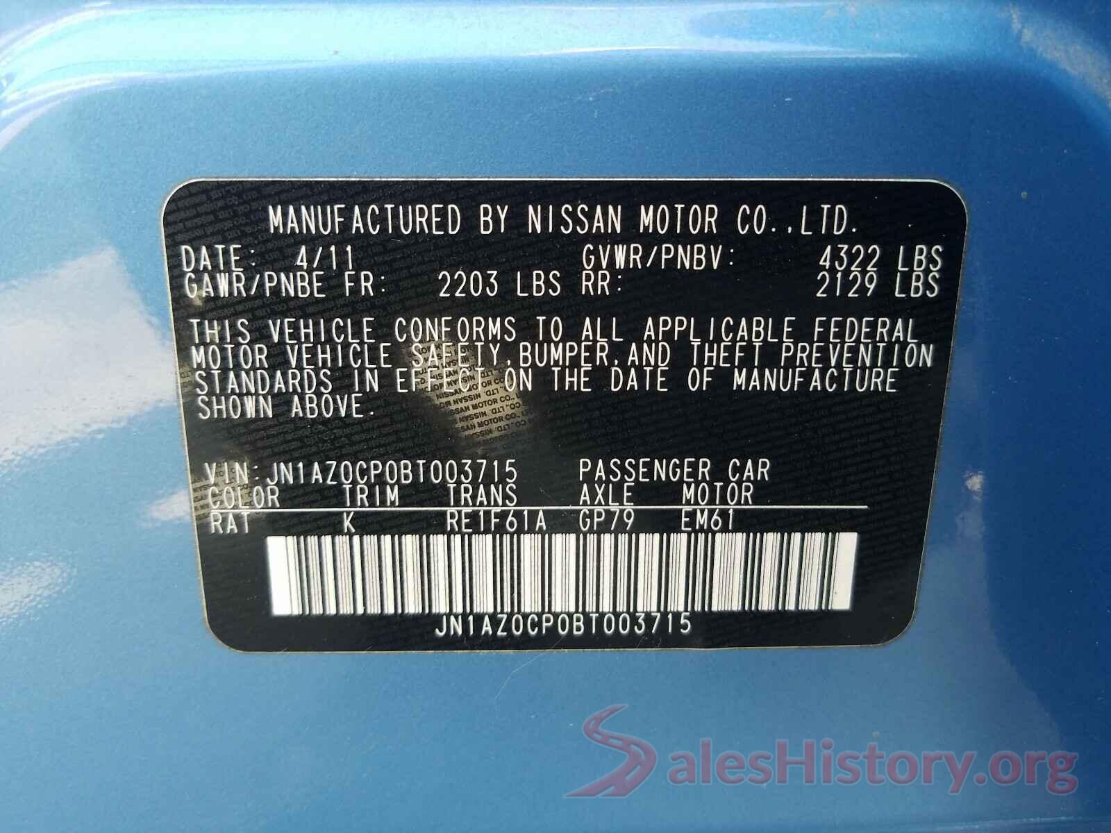 JN1AZ0CP0BT003715 2011 NISSAN LEAF