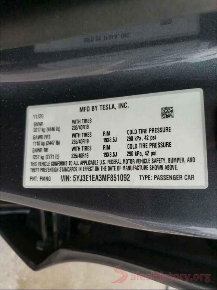 5YJ3E1EA3MF851092 2021 TESLA MODEL 3