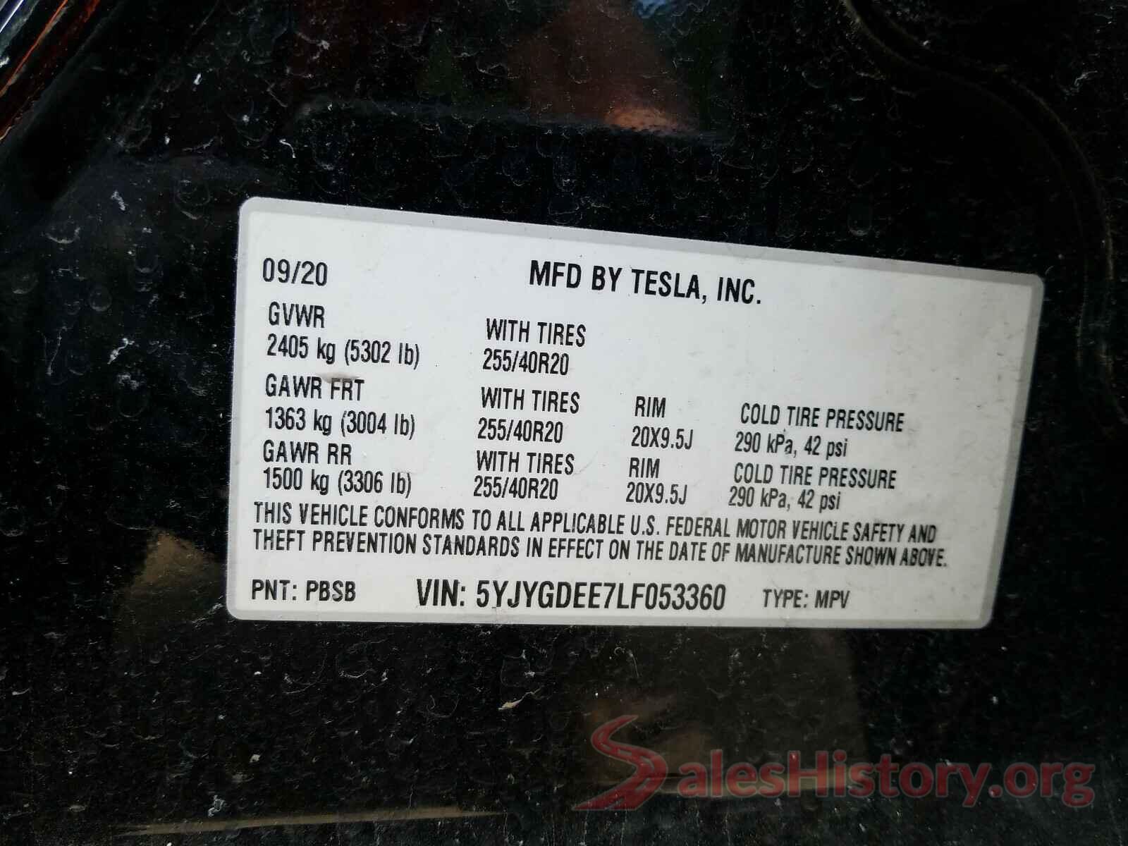 5YJYGDEE7LF053360 2020 TESLA MODEL Y