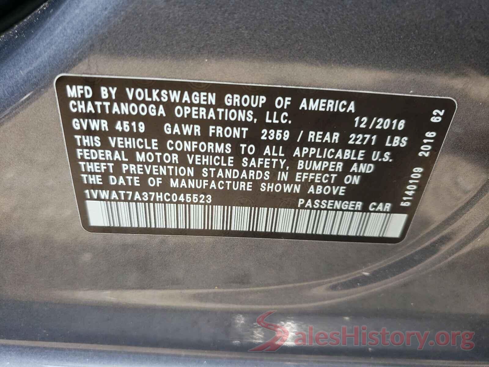 1VWAT7A37HC045523 2017 VOLKSWAGEN PASSAT