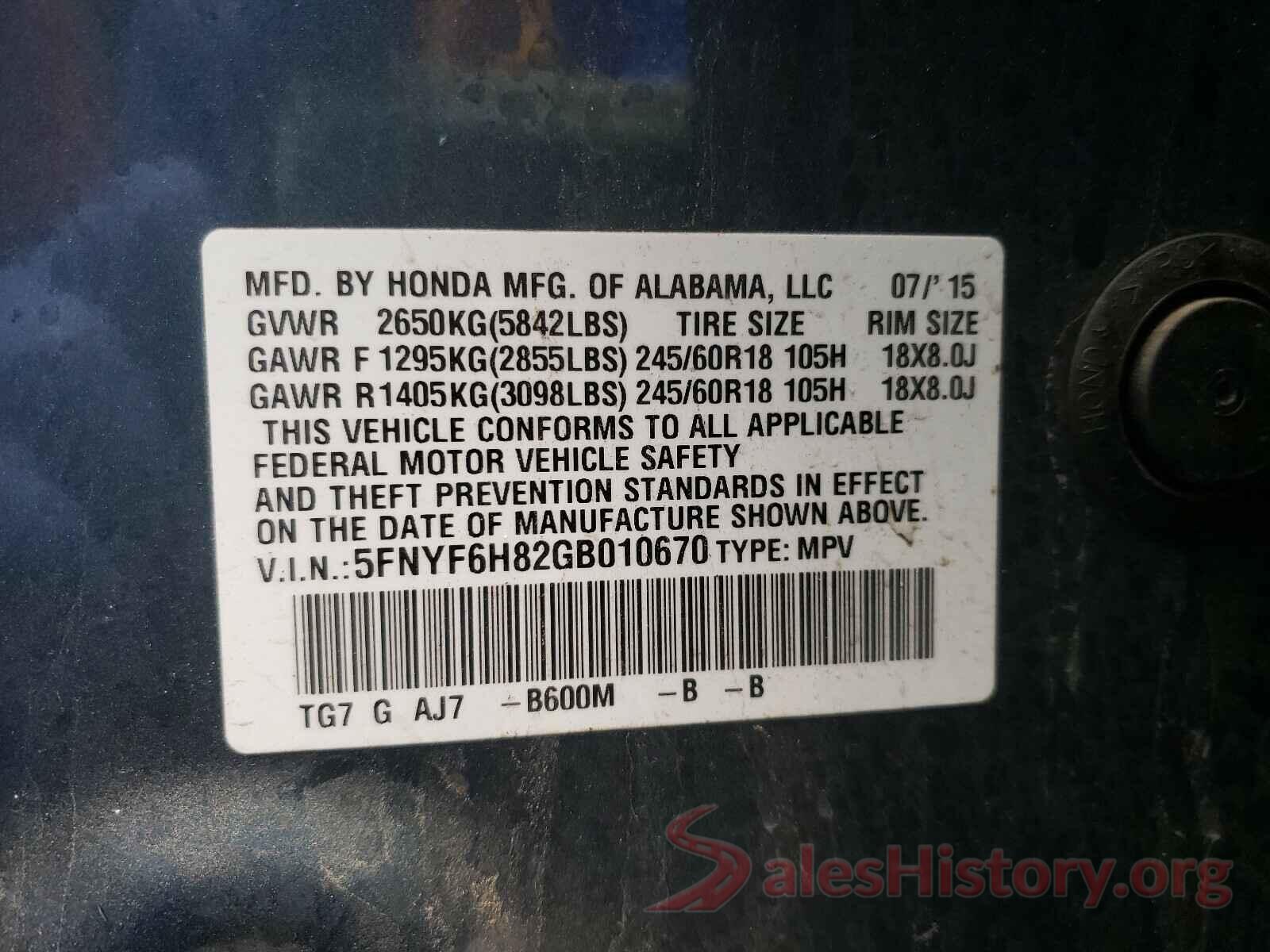 5FNYF6H82GB010670 2016 HONDA PILOT