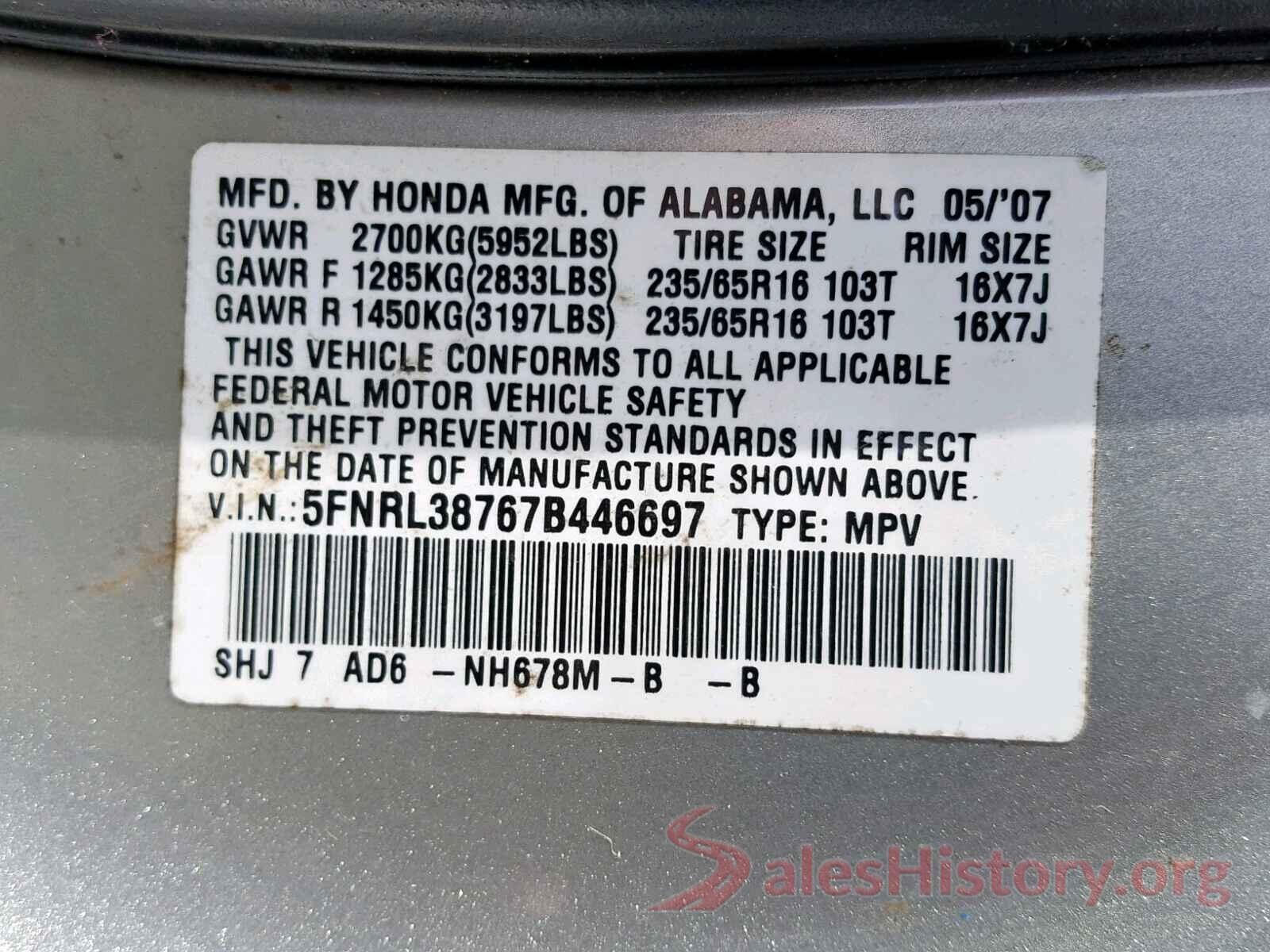 5FNRL38767B446697 2007 HONDA ODYSSEY EX