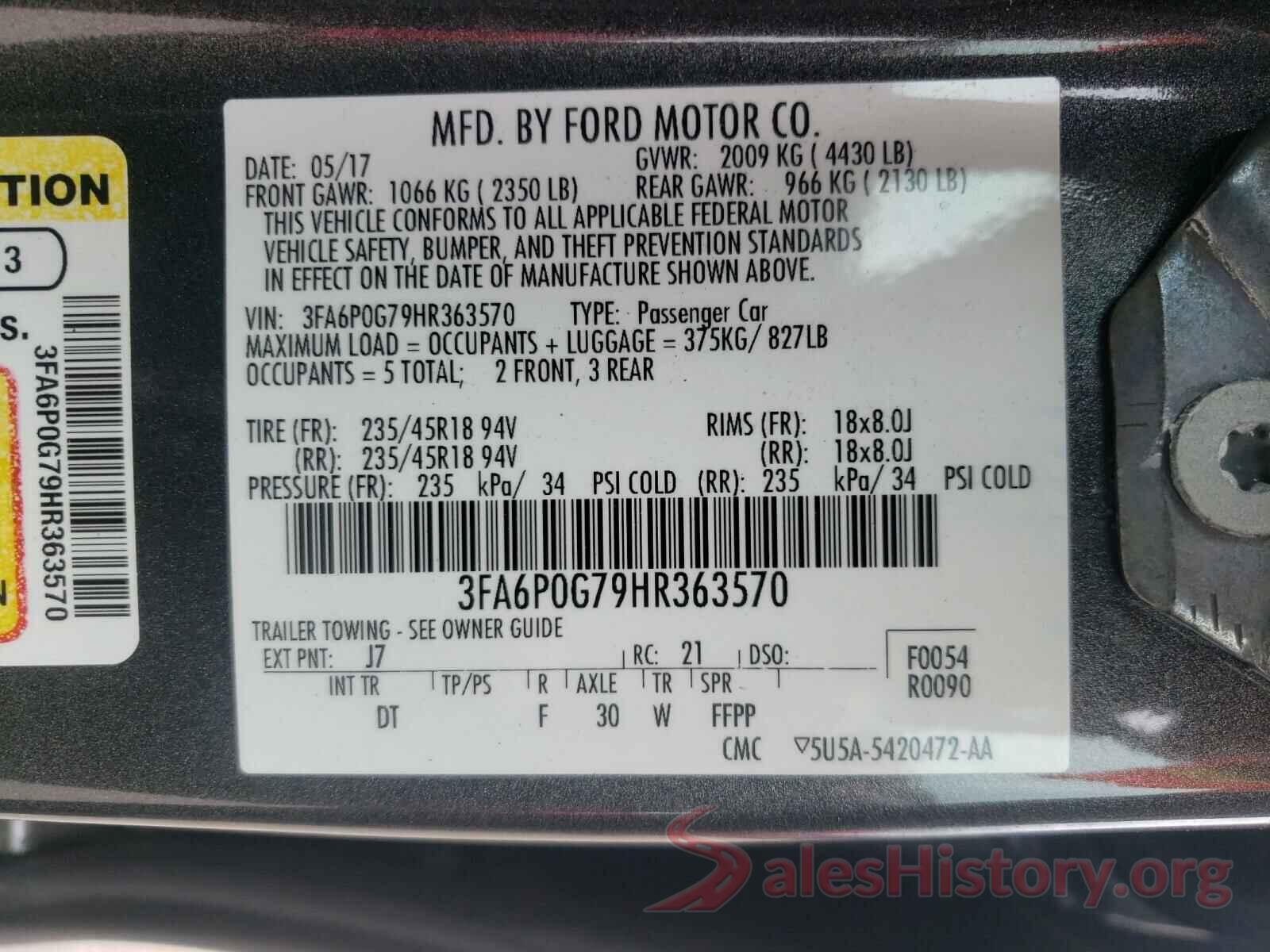 3FA6P0G79HR363570 2017 FORD FUSION