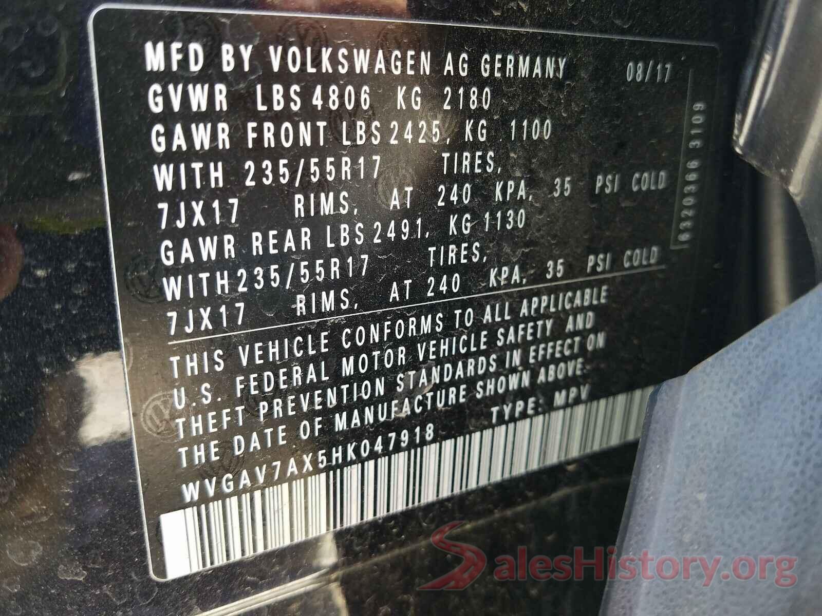 WVGAV7AX5HK047918 2017 VOLKSWAGEN TIGUAN