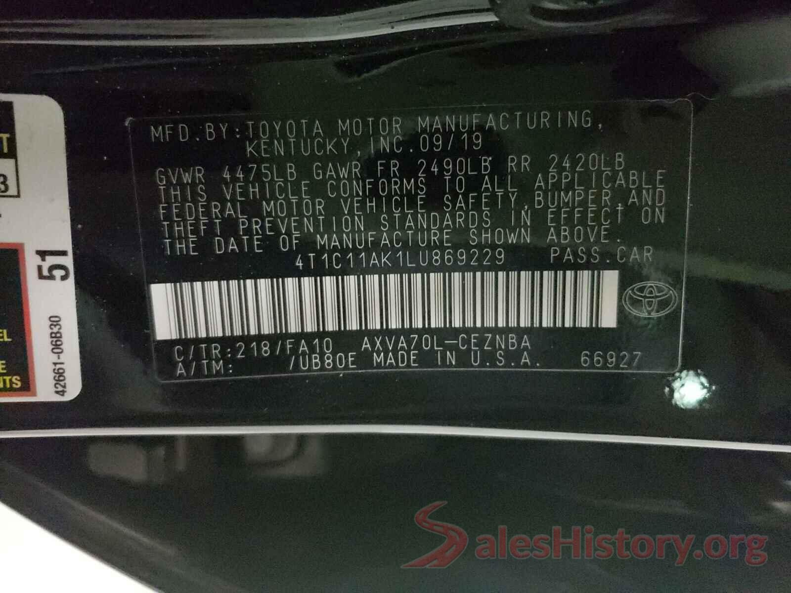 4T1C11AK1LU869229 2020 TOYOTA CAMRY