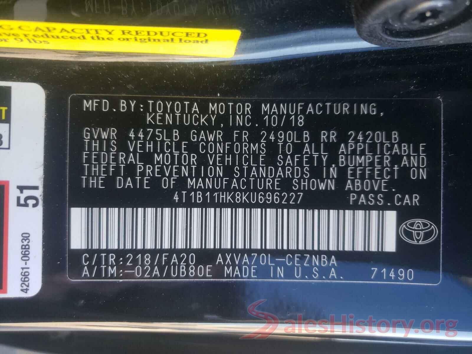 4T1B11HK8KU696227 2019 TOYOTA CAMRY