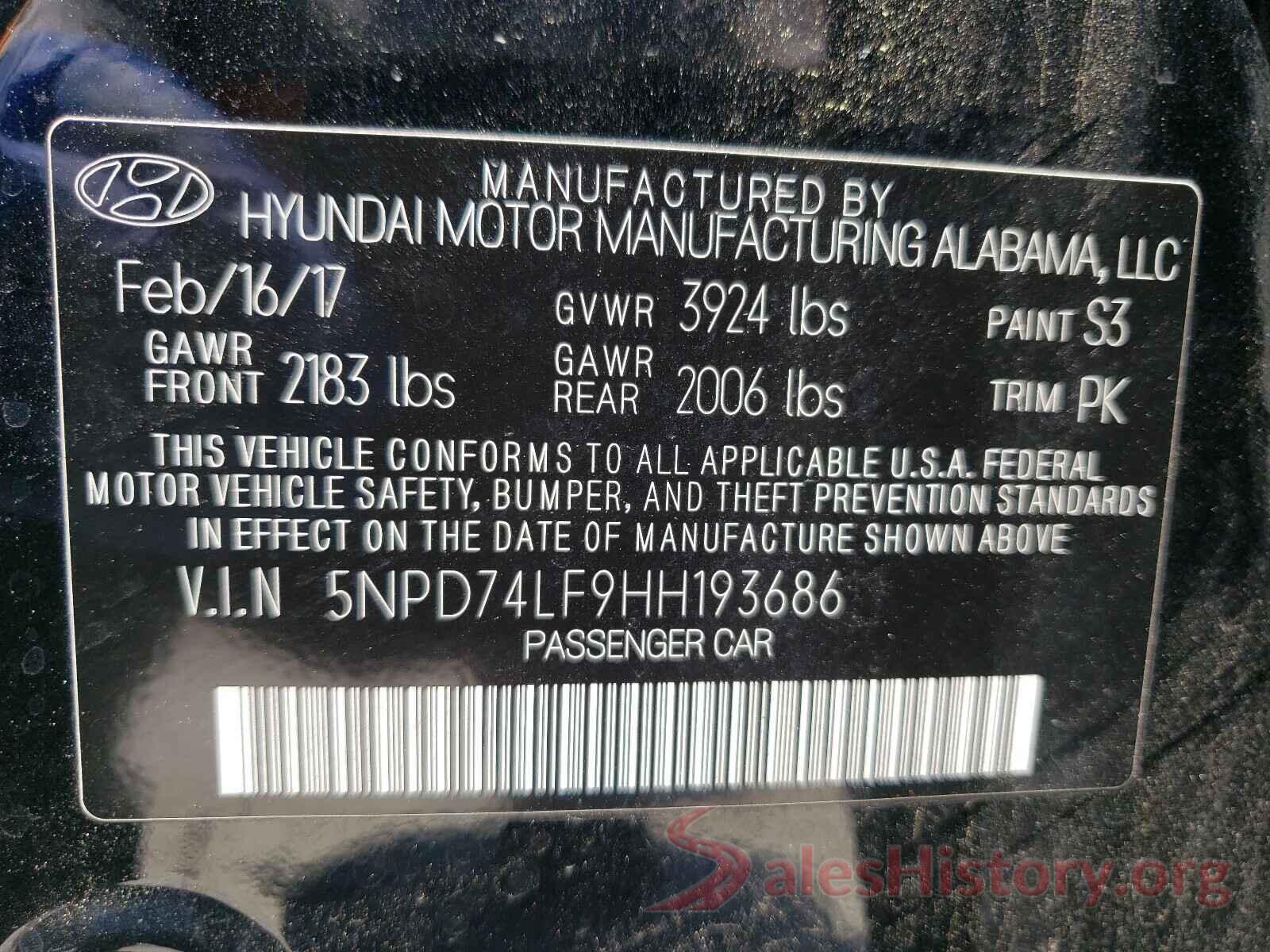 5NPD74LF9HH193686 2017 HYUNDAI ELANTRA